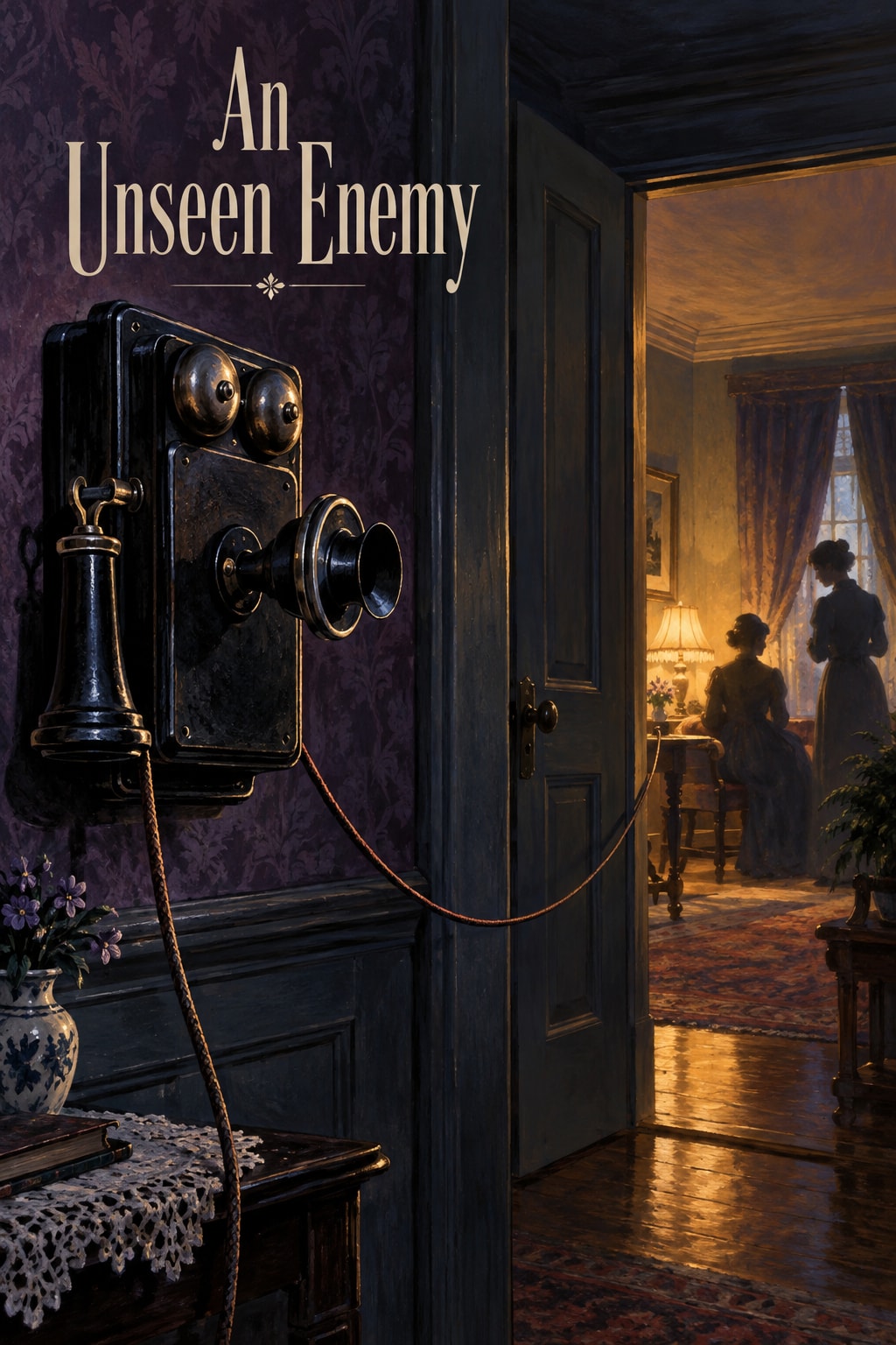 Original illustration for An Unseen Enemy: An antique black wall telephone dominates close foreground, its taut cord leads through a partially open interior door toward a second warmly lit room, two distant female silhouettes only.