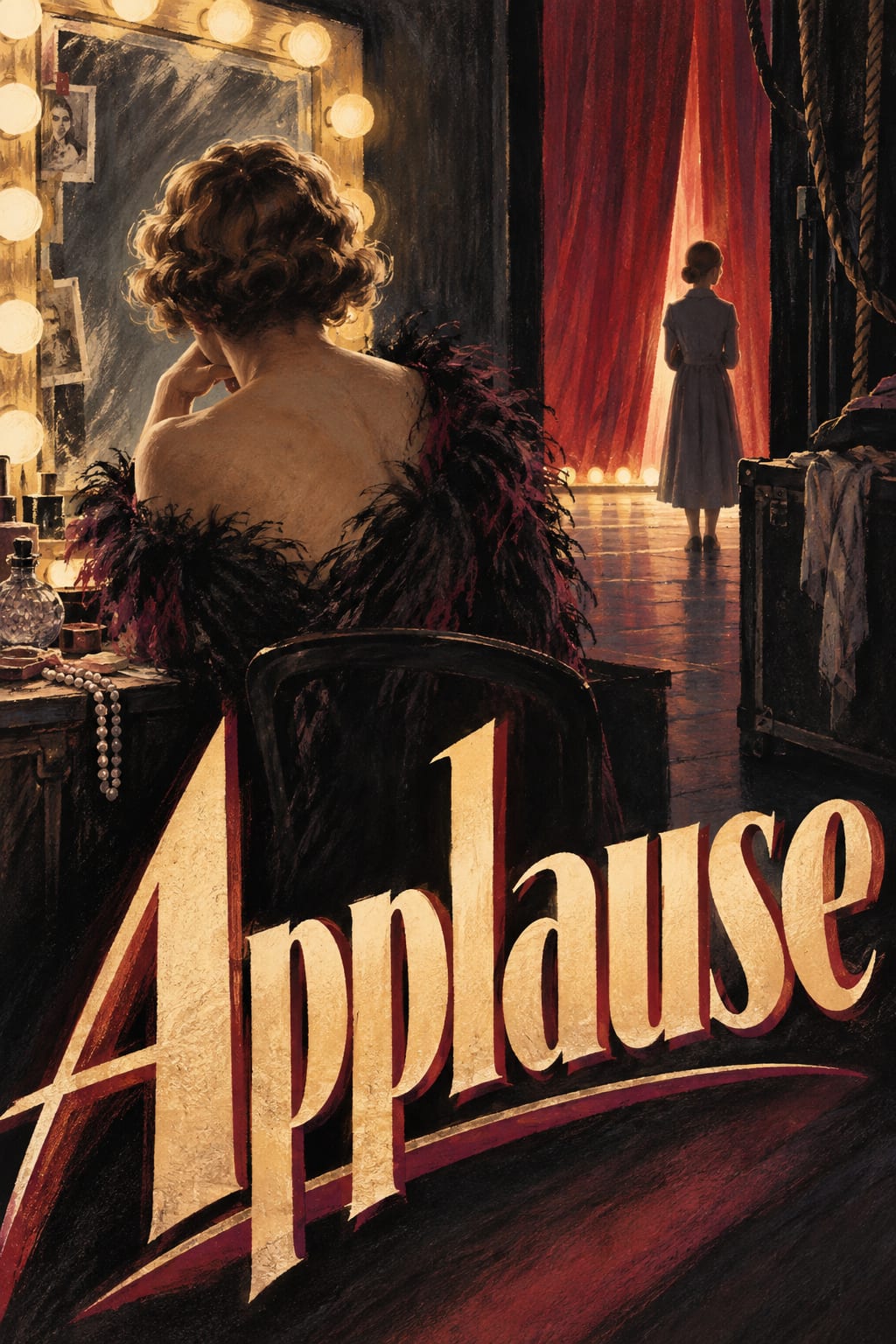 A woman at a dressing-room mirror looks toward a distant stage curtain.