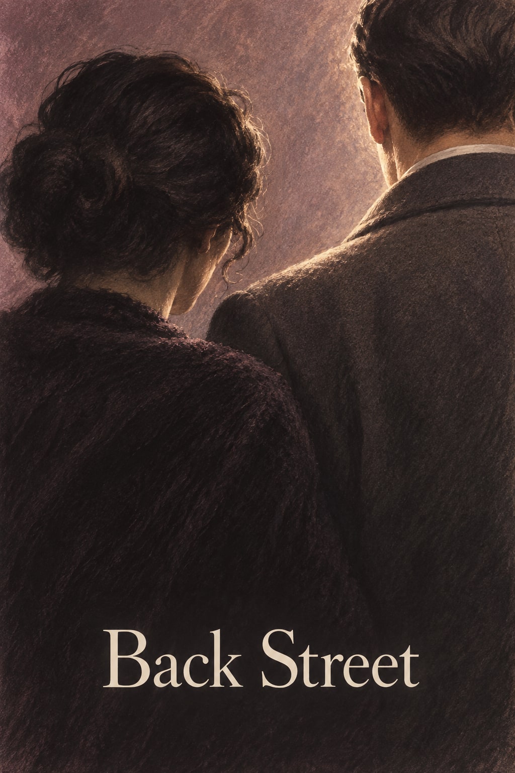 Two figures are seen from behind, their dark coats and shoulders close together.