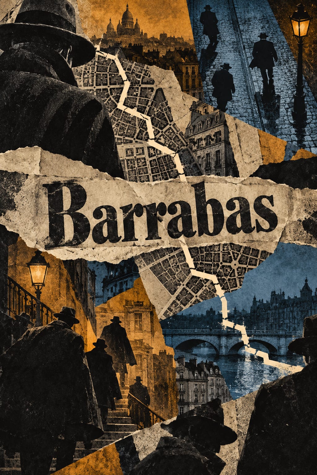 Street maps, dark coats and torn city fragments surround the title Barrabas.