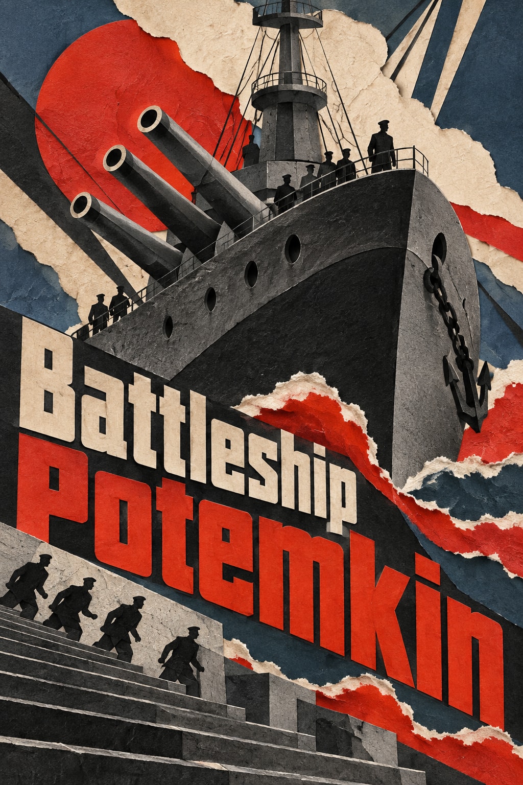 Battleship Potemkin: A monumental paper battleship, red waves and descending stairways form a bold diagonal composition.