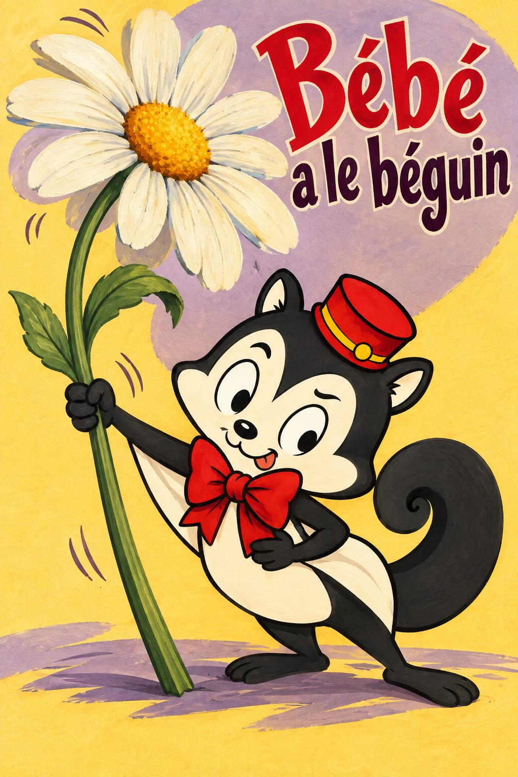 Momo leans into an oversized daisy with a playful tongue-out smile on a yellow and lilac ground.