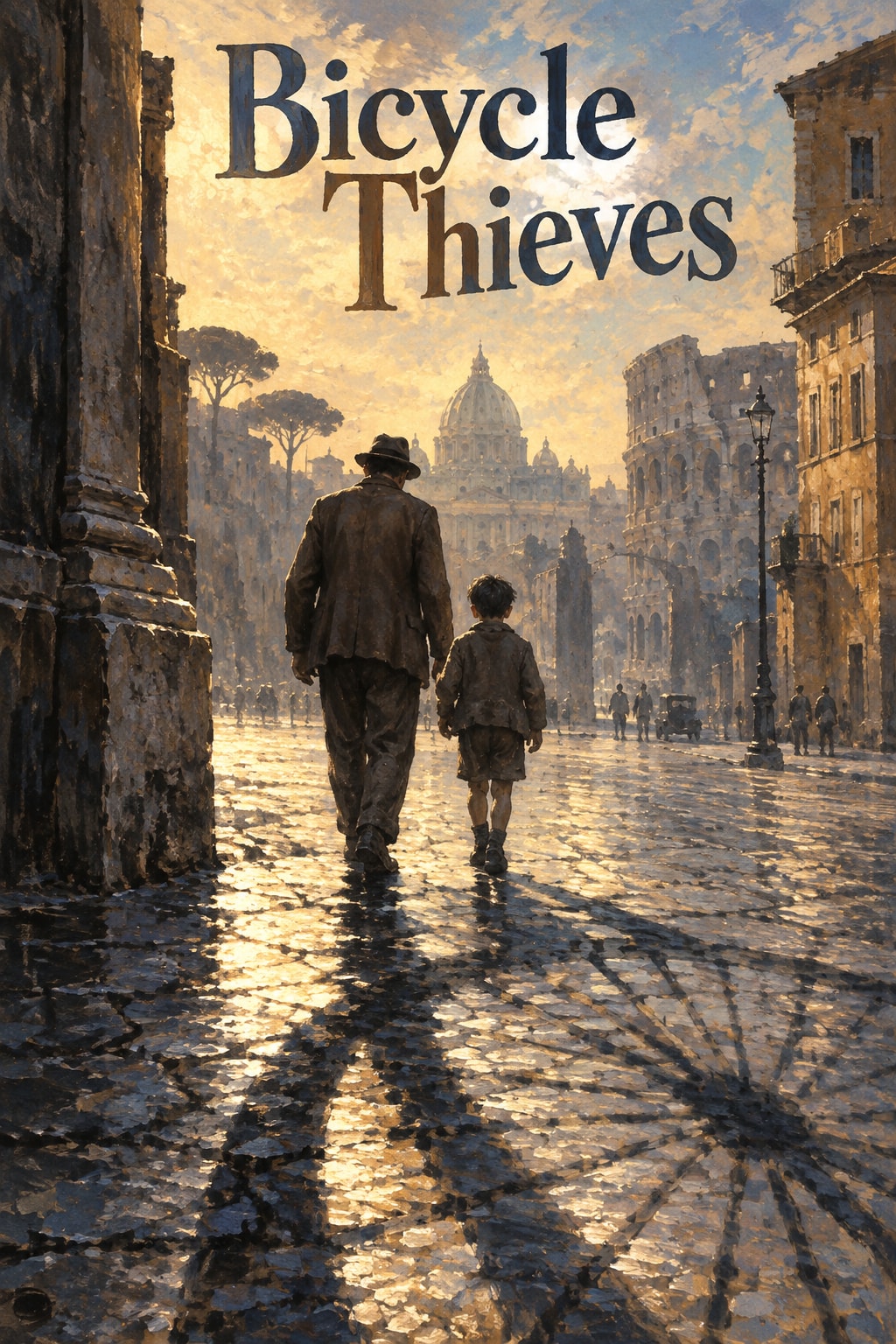 Bicycle Thieves: A father and child walk hand in hand along a glowing Roman street without a bicycle.