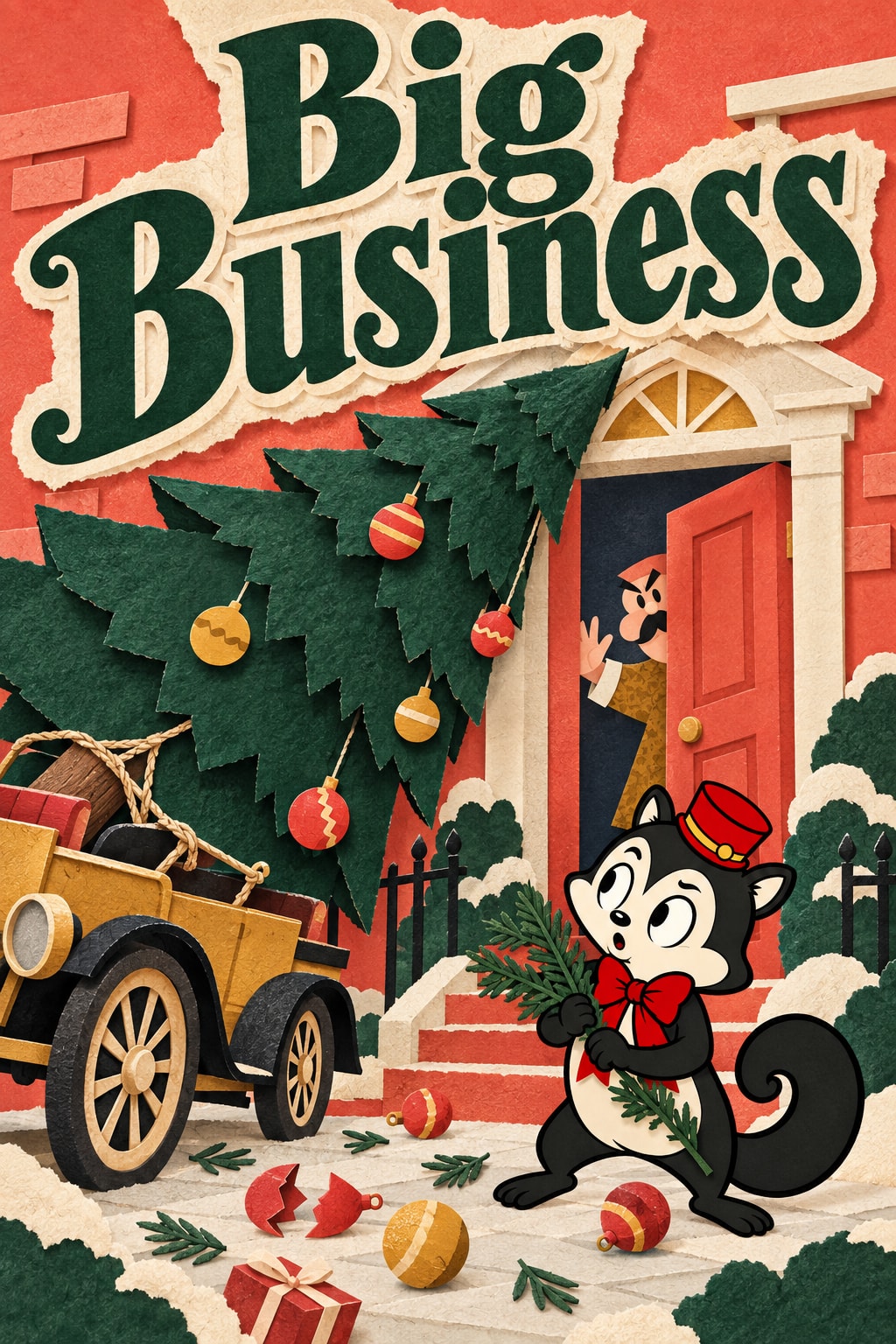 Original illustration: Big Business lettering above a paper Christmas tree, a doorstep and a vintage car, with Momo holding an evergreen branch.