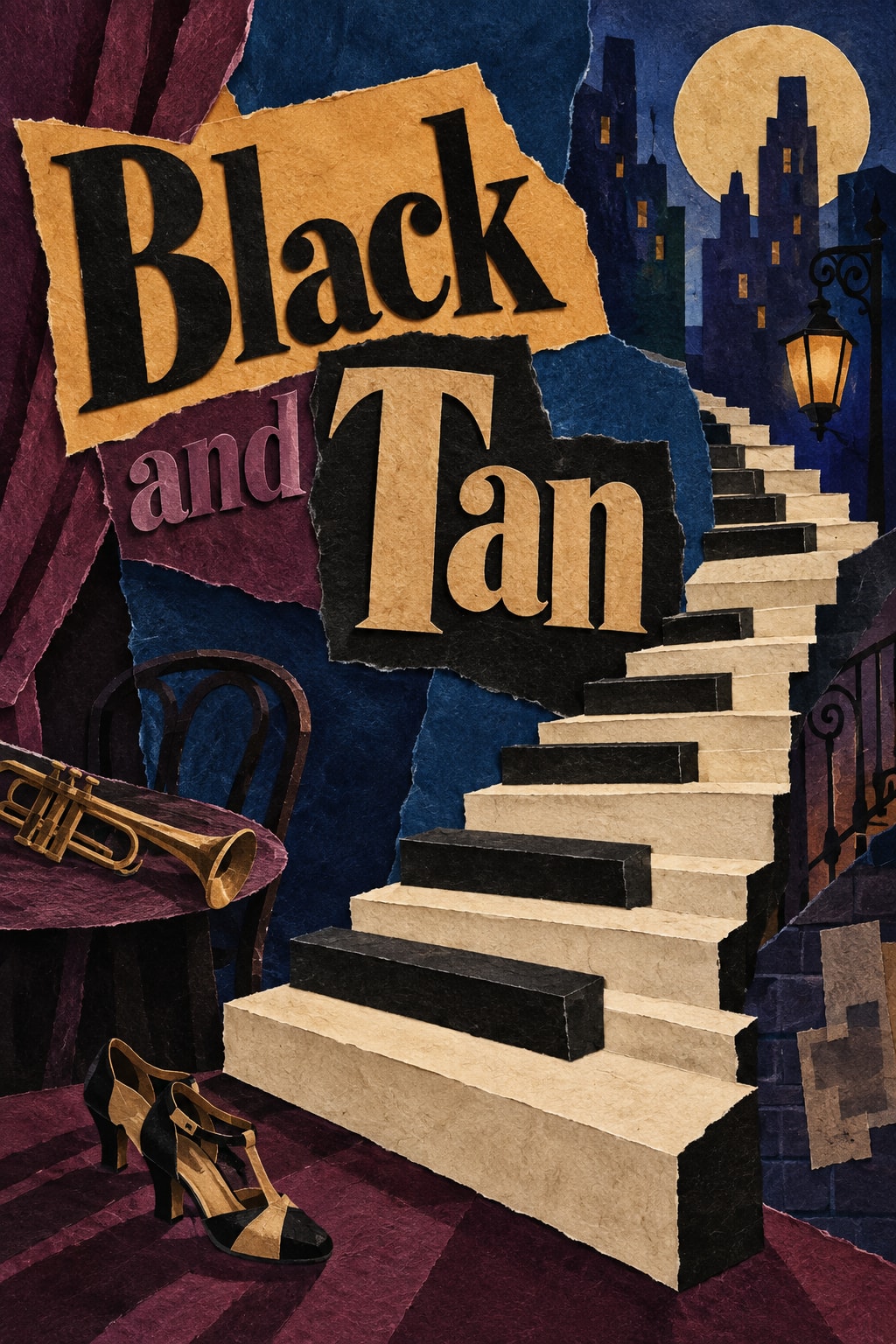 Original illustration: A cut-paper piano keyboard becomes a staircase beside a trumpet, dancing shoes and large Black and Tan lettering.