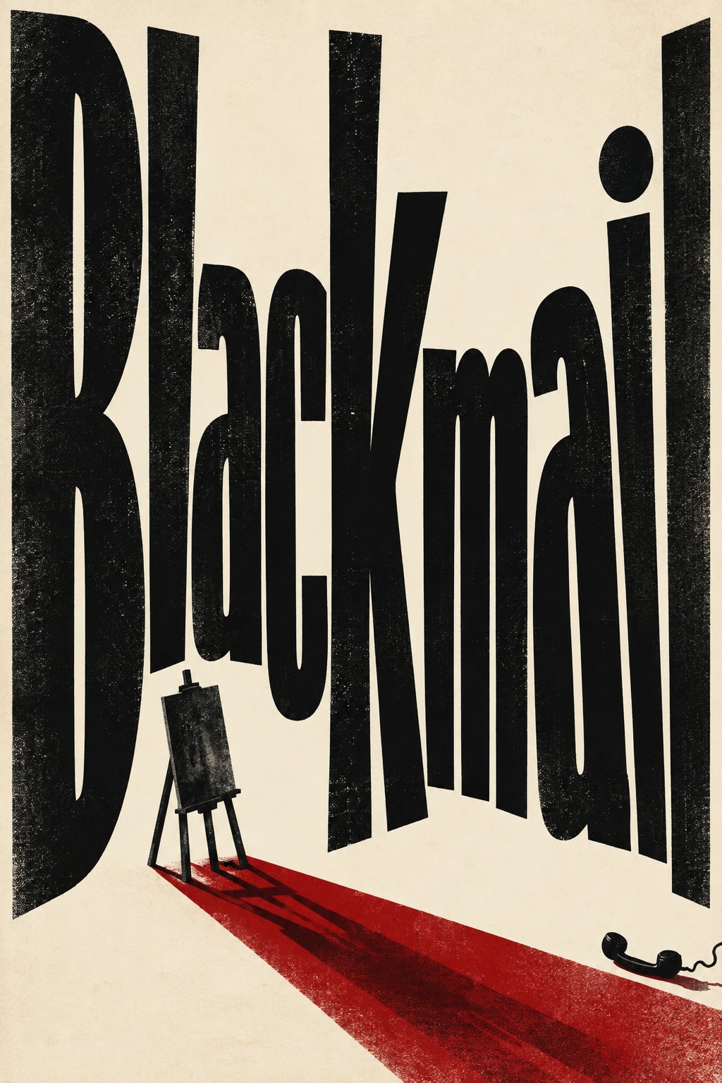 Original illustration: Enormous black Blackmail lettering on cream paper above an easel and a long red shadow.