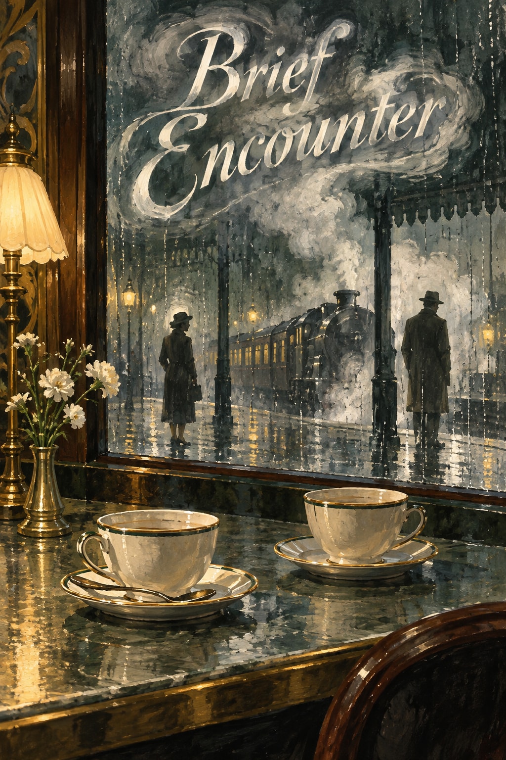 Brief Encounter: Two teacups stand before a rain-streaked window looking onto a railway platform.