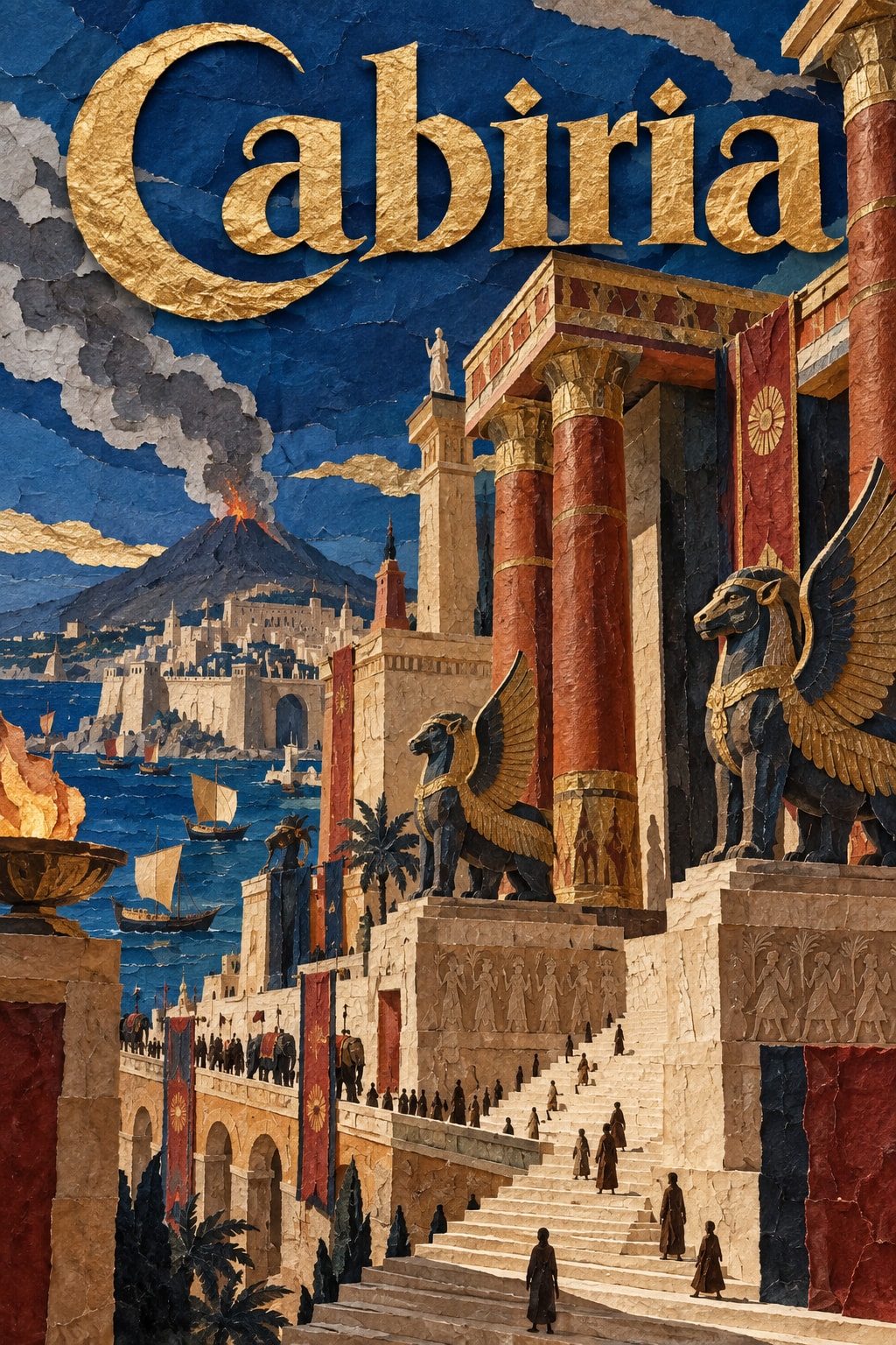 Cabiria — A vast ancient temple unfolds in blue and gold cut paper.