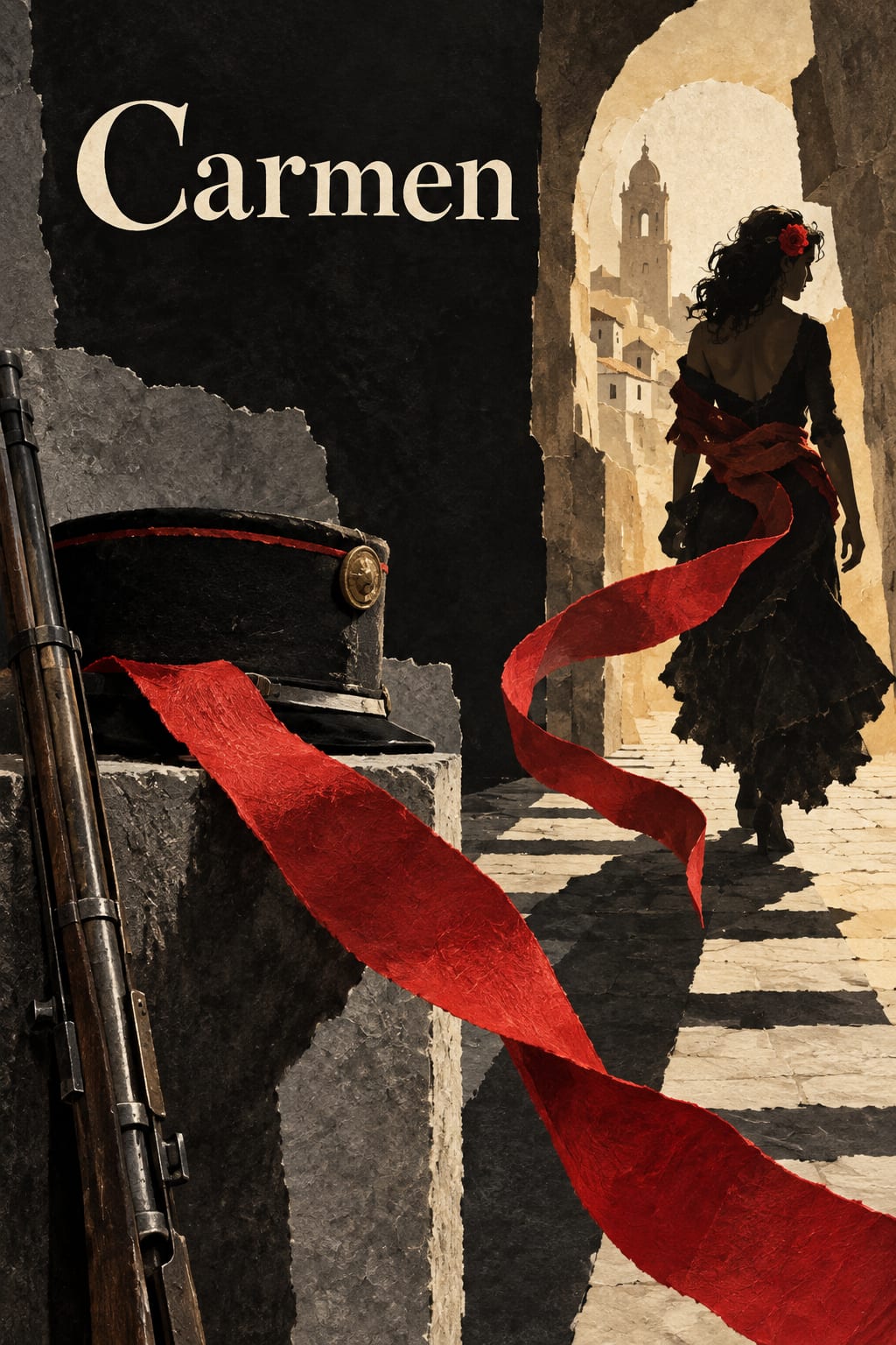 A red ribbon runs from a military drum toward a woman crossing a sunlit archway.