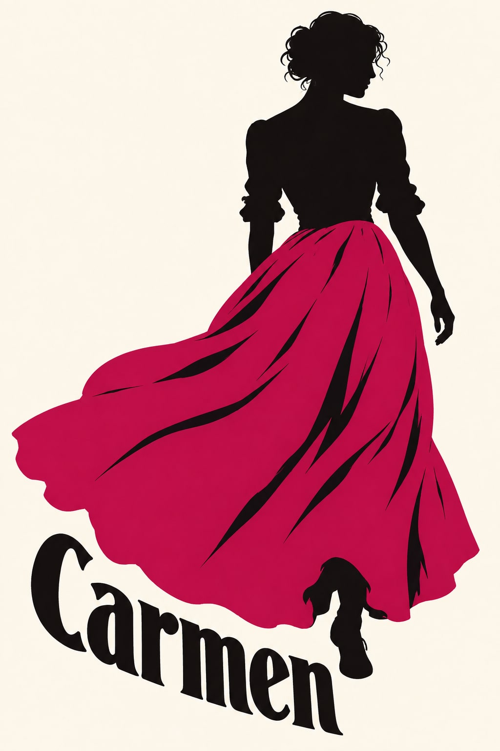 A black silhouette of a woman in a flowing crimson skirt stands above the title.