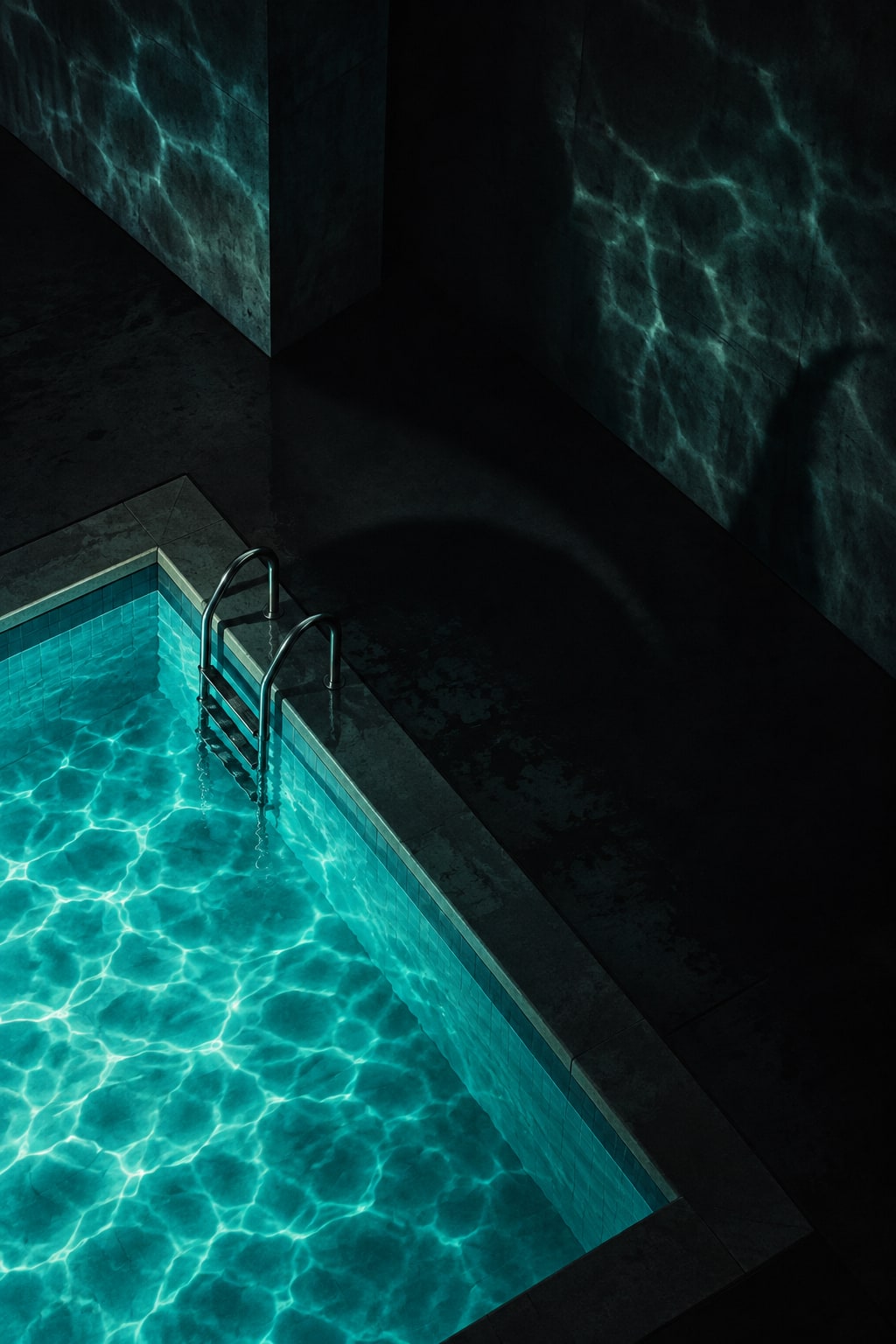 Turquoise swimming-pool water casts rippling reflections on dark walls beside an empty ladder.
