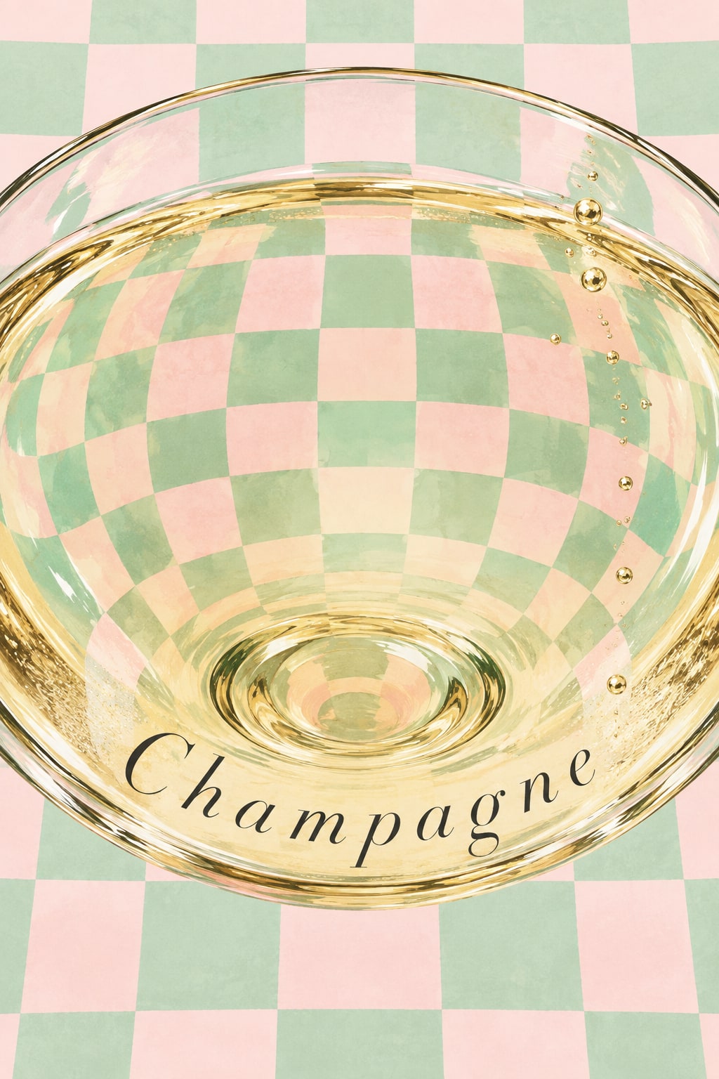 A shallow glass bowl distorts a pink and green chequered pattern, with the title curving across the glass.