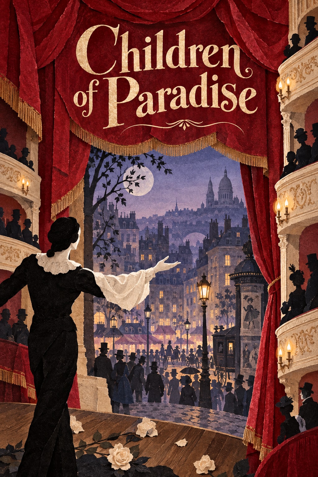 Original illustration for Children of Paradise: A deep 19th-century Paris theatre of layered crimson curtains and ivory balconies, a small anonymous mime silhouette with a white sleeve framed against a crowded boulevard made of tiny paper cutouts.