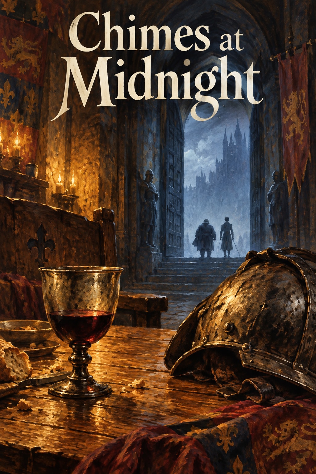 Chimes at Midnight — A helmet and goblet occupy a warm tavern against a distant cold palace.