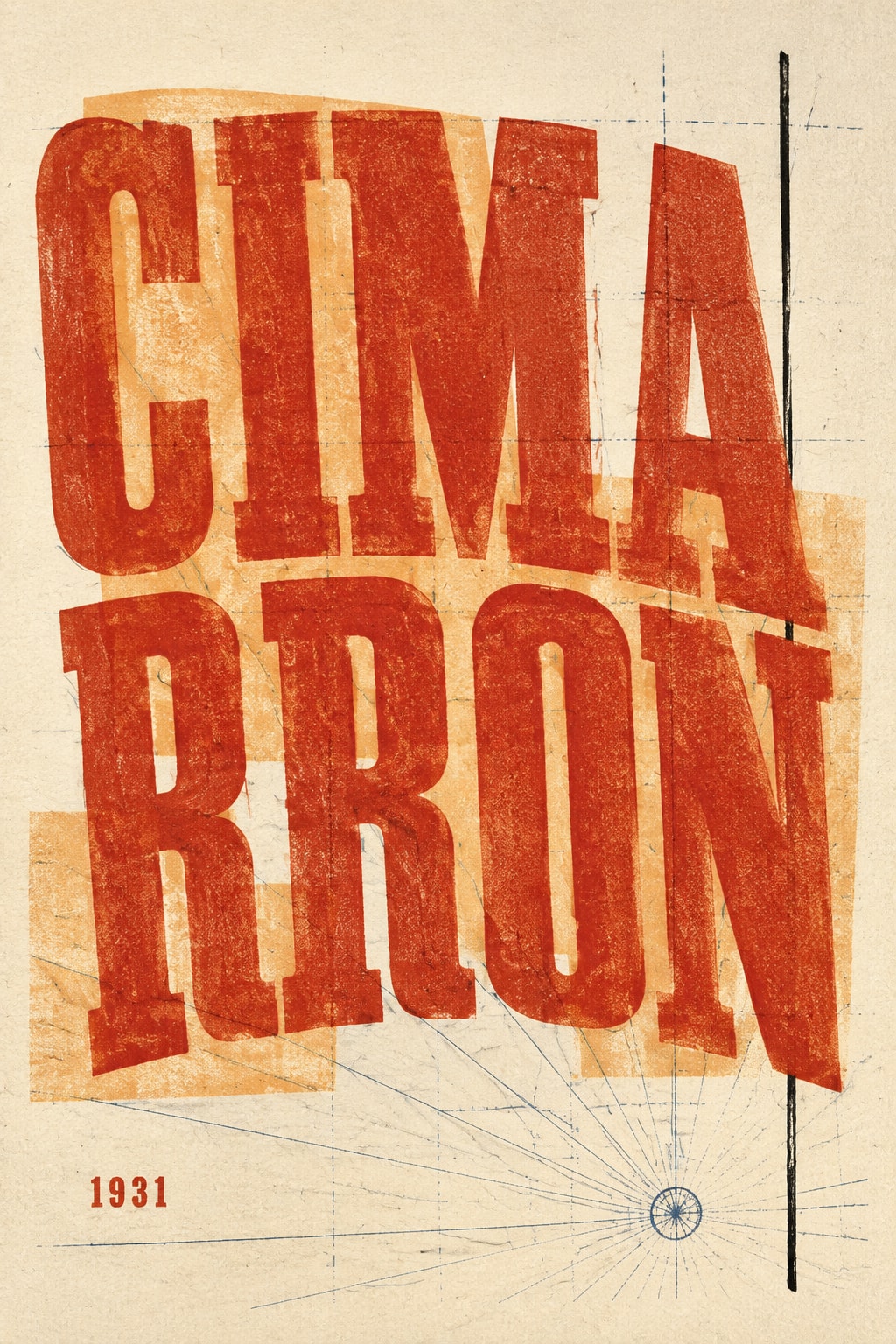 CIMARRON in terracotta wood-type lettering on cream paper, with ochre blocks and fine blue survey lines. 1931.