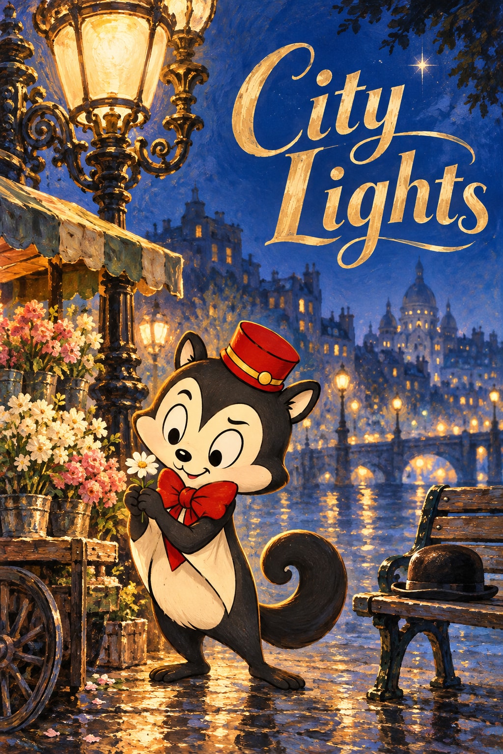 City Lights: Momo holds a flower beside a glowing flower stall, streetlights and a bowler hat on a bench.