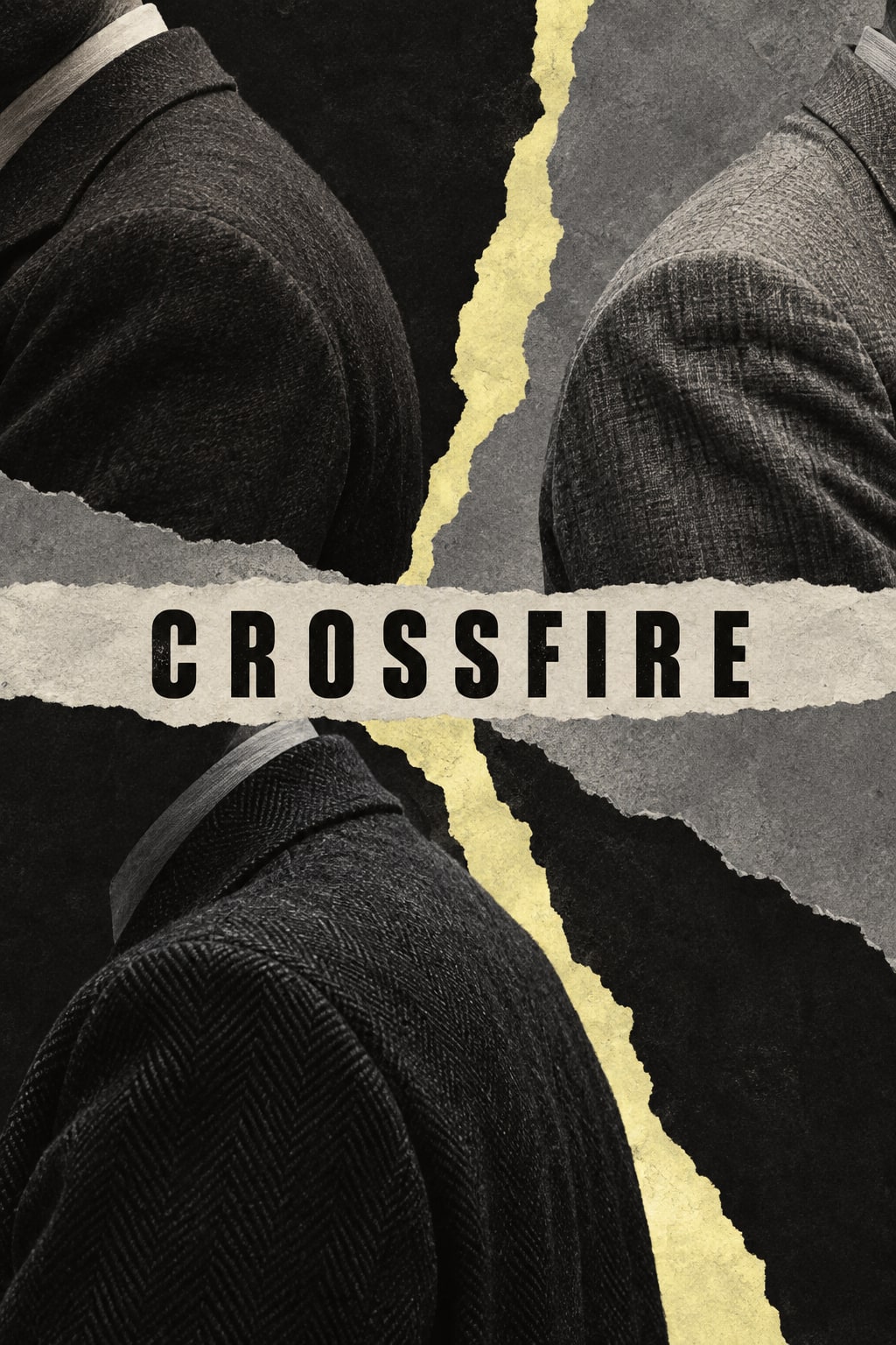 Torn fragments of dark suits surround a strip bearing the title, with yellow gaps between them.