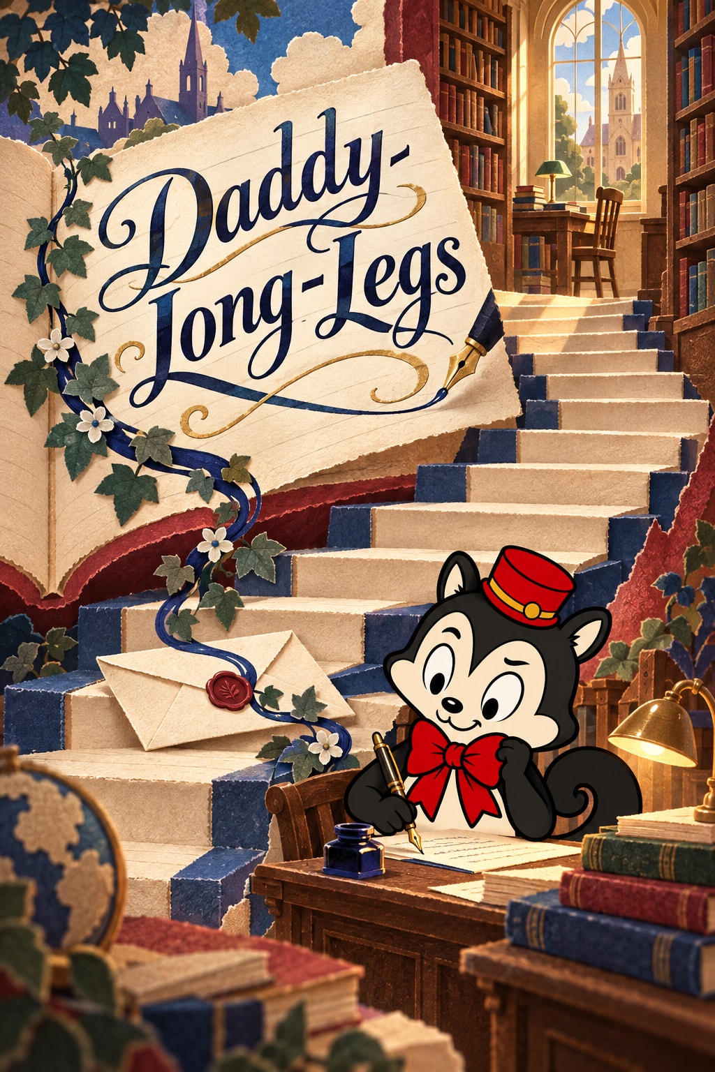 Original illustration for Daddy-Long-Legs: A giant open notebook becomes a paper staircase rising toward a sunlit college library; an envelope rests on one step and ink flows into delicate ivy.