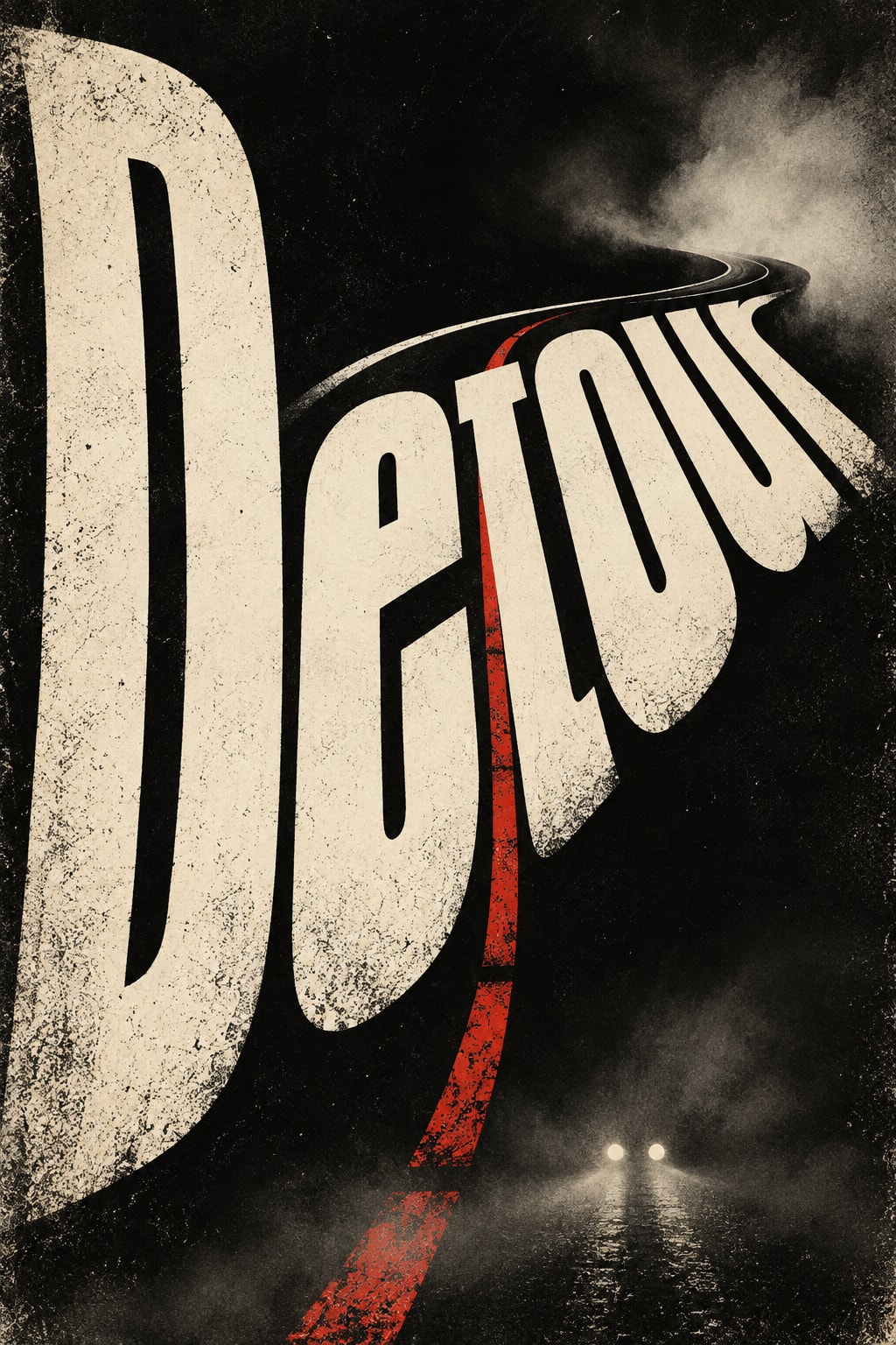 Detour — Enormous ivory lettering bends into a foggy highway with a red dividing line.