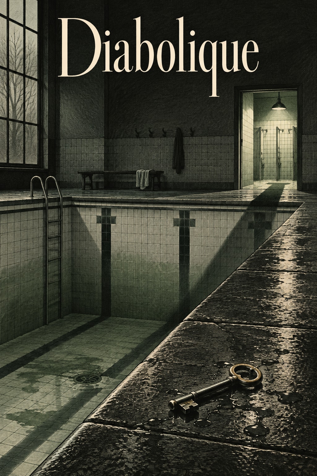 Diabolique: An empty engraved swimming pool, a key and a long doorway shadow create a quiet green interior.