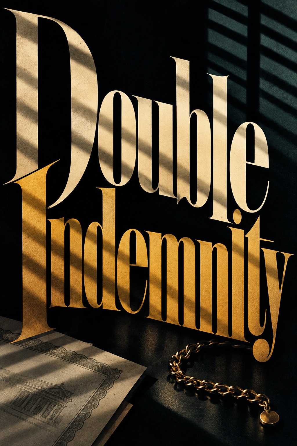 Double Indemnity: Large ivory and gold lettering catches striped shadows above an anklet and insurance papers.