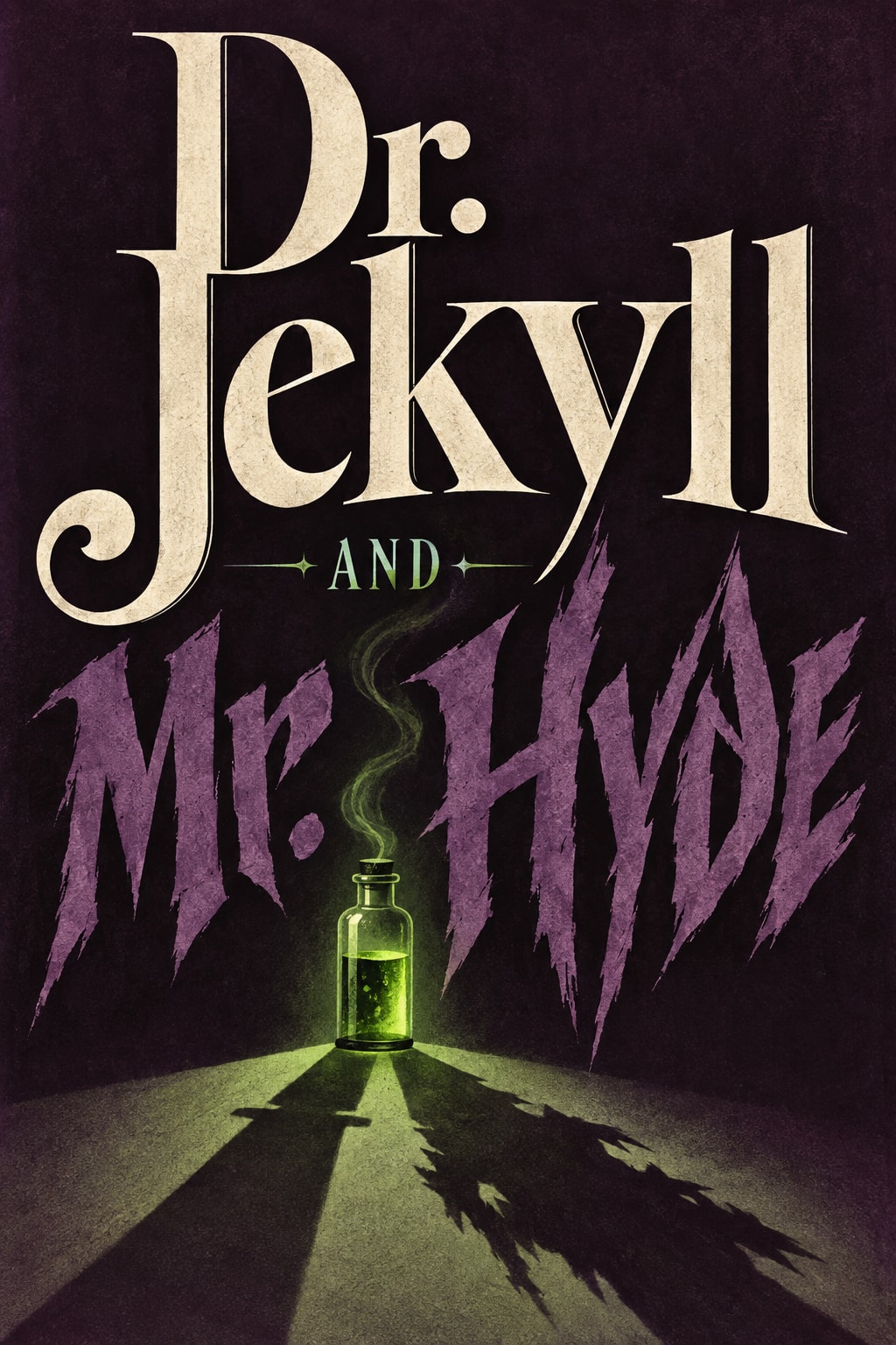 Original illustration: Contrasting cream serif and jagged purple title lettering above a small green laboratory vial and divided shadows.