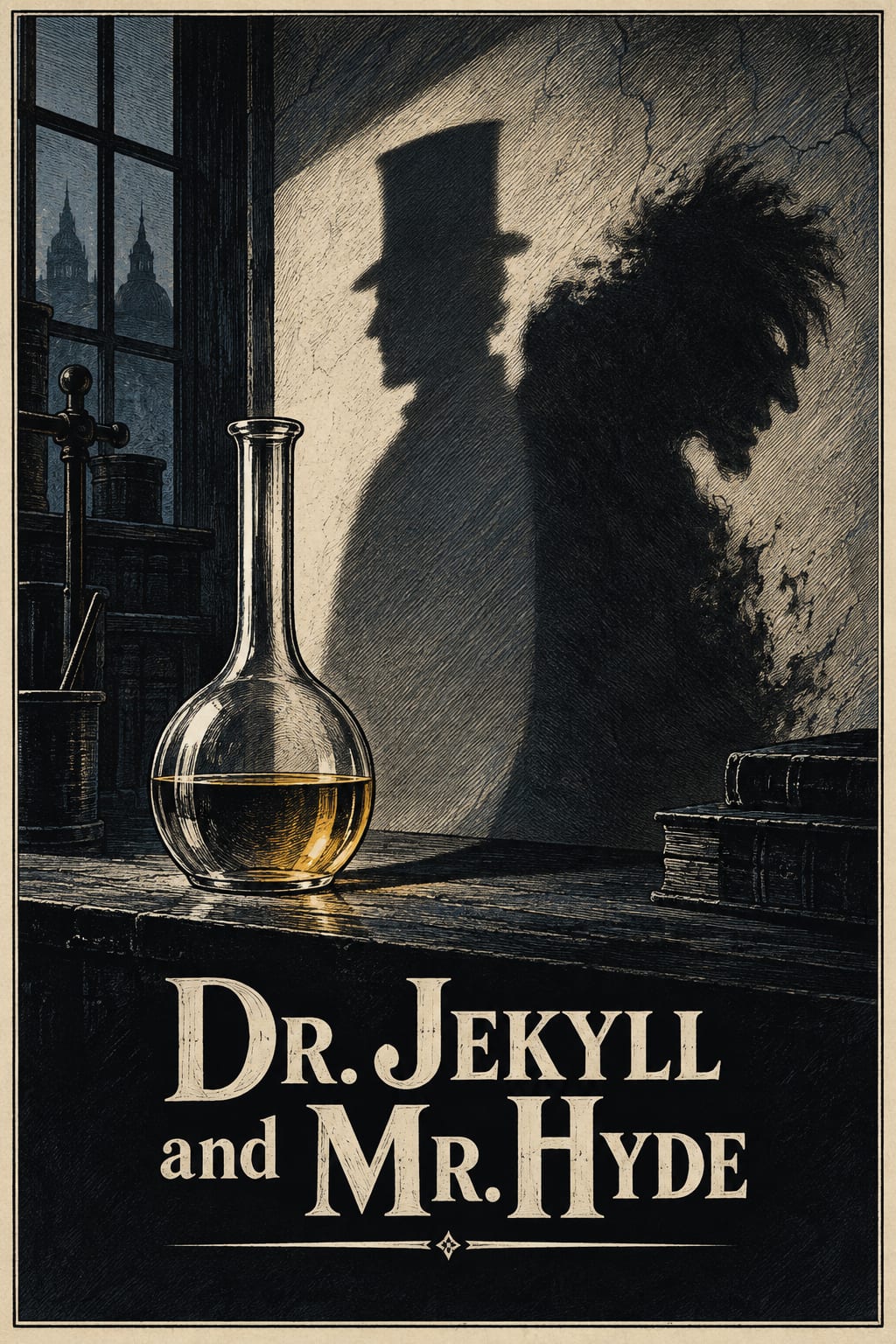 A laboratory vessel casts orderly and irregular shadows on a wall.