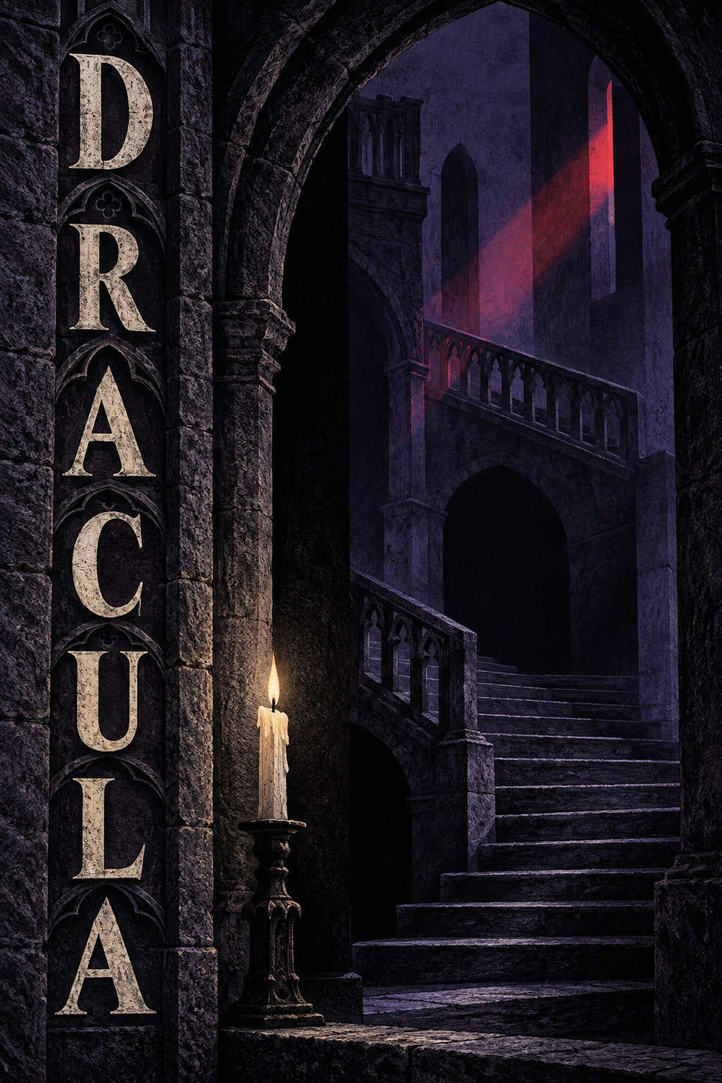 DRACULA lettering rises beside a Gothic stone arch and a staircase lit by a narrow red beam.