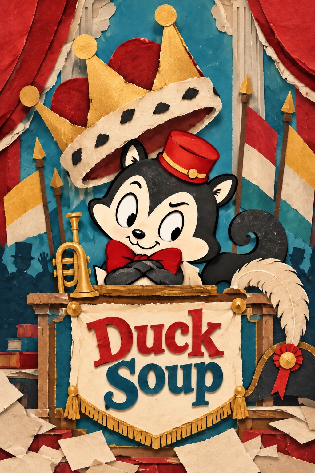 Duck Soup: Momo stands at a paper lectern beneath a giant crown, flags and playful red and blue lettering.
