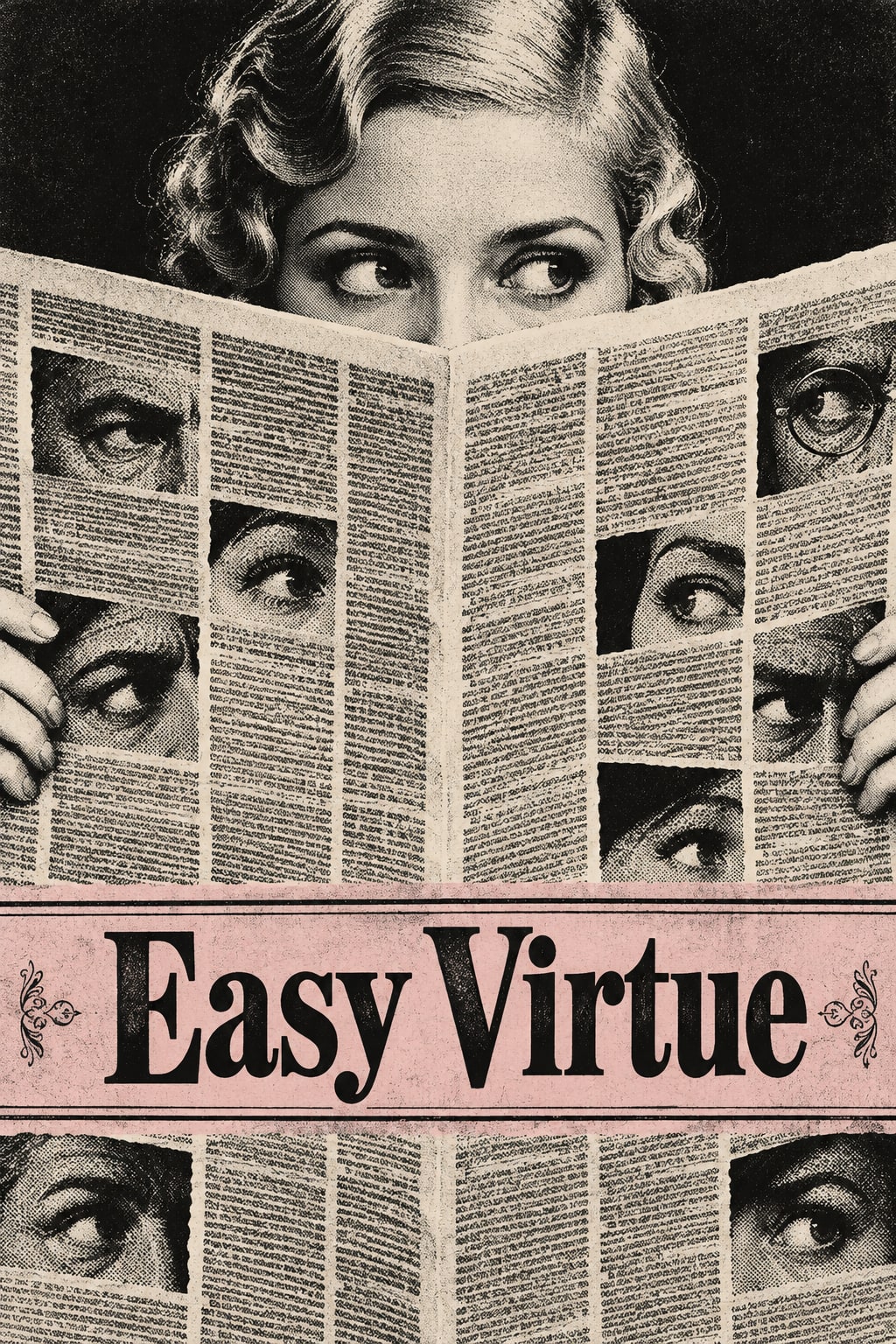 A woman's eyes peer over a newspaper filled with further eyes and the title on a pink strip.