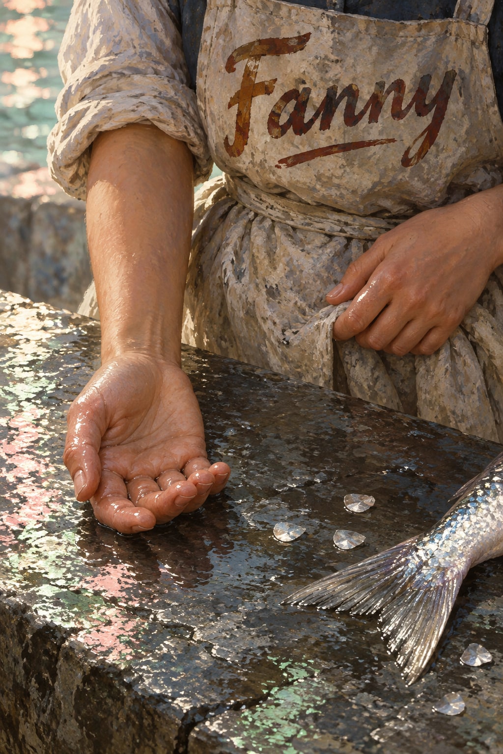 Wet hands rest over a fish-covered work surface, with the title on a pale apron.