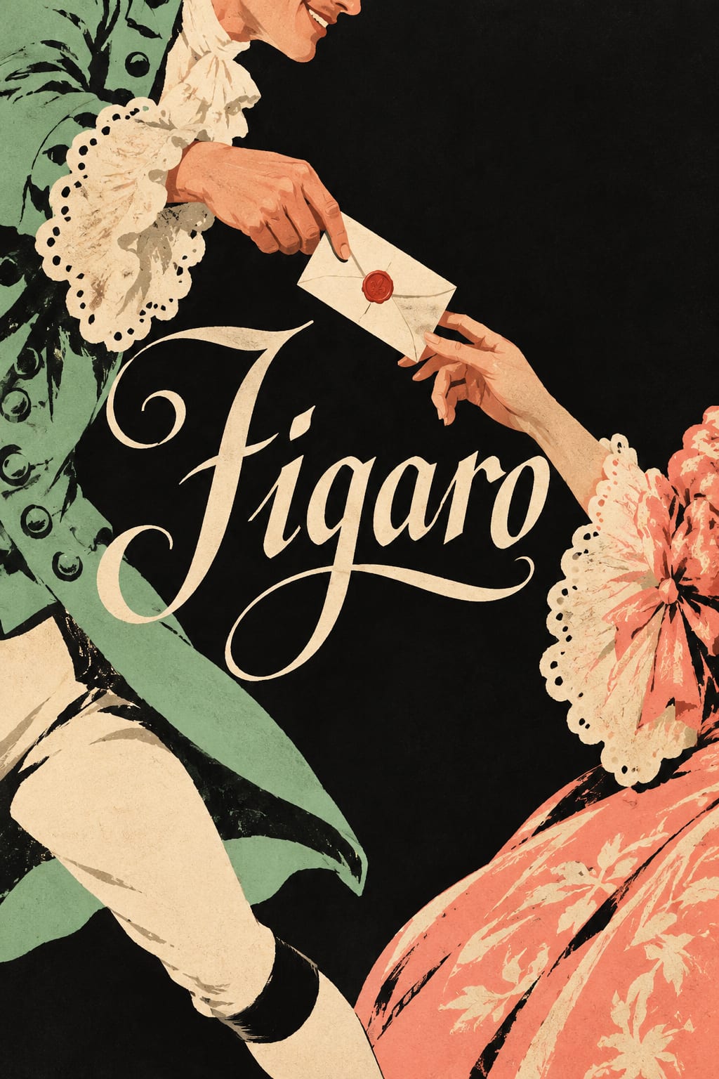 Two eighteenth-century sleeves and hands pass a sealed note around lively Figaro lettering.