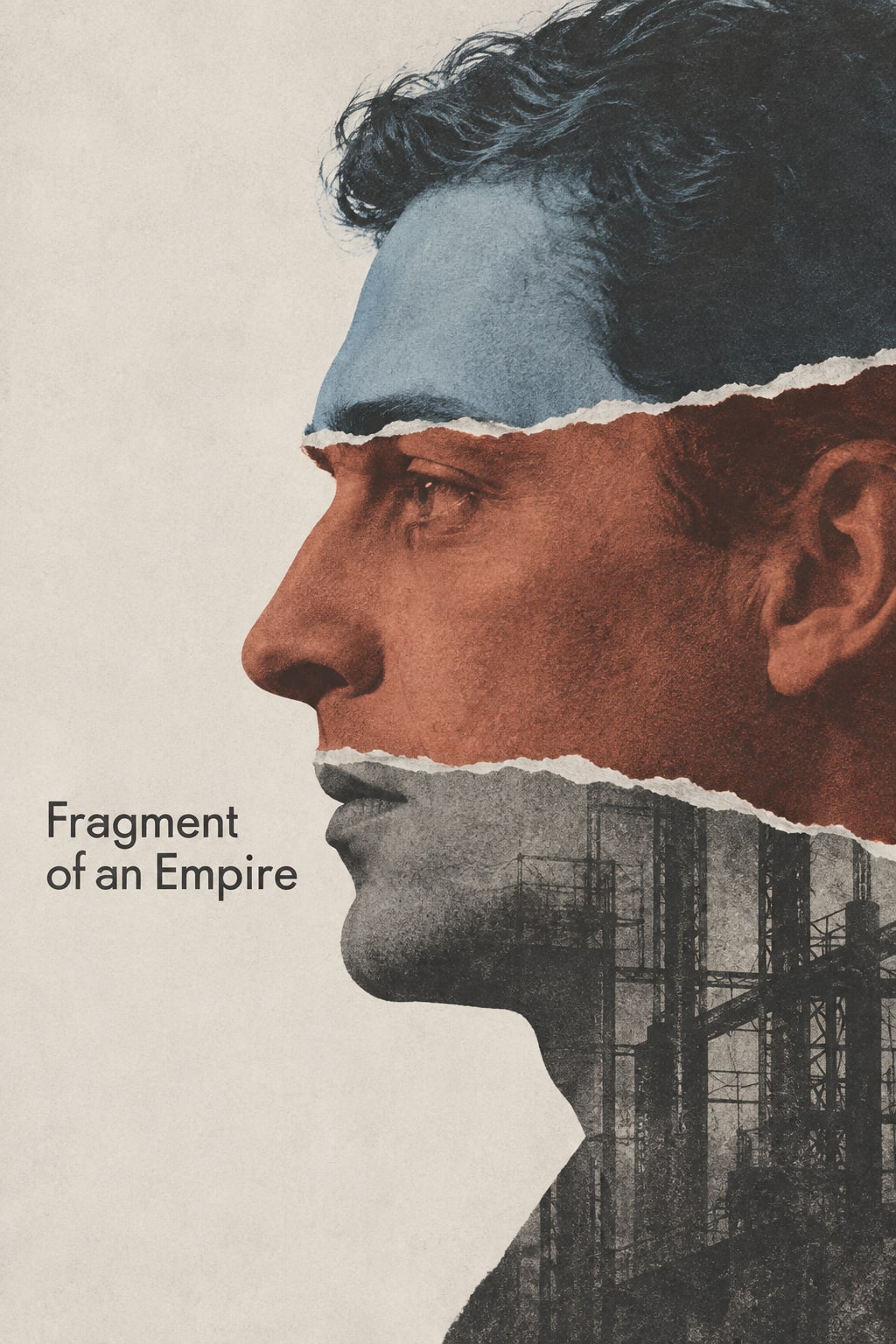 A man's profile is assembled from torn blue, rust-coloured and monochrome paper strips, with buildings below.