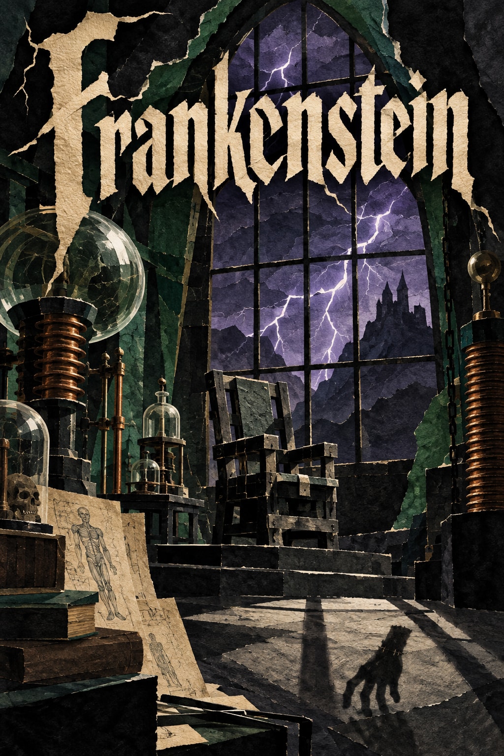Frankenstein: Paper laboratory equipment and an empty chair stand beneath lightning and a Gothic window.
