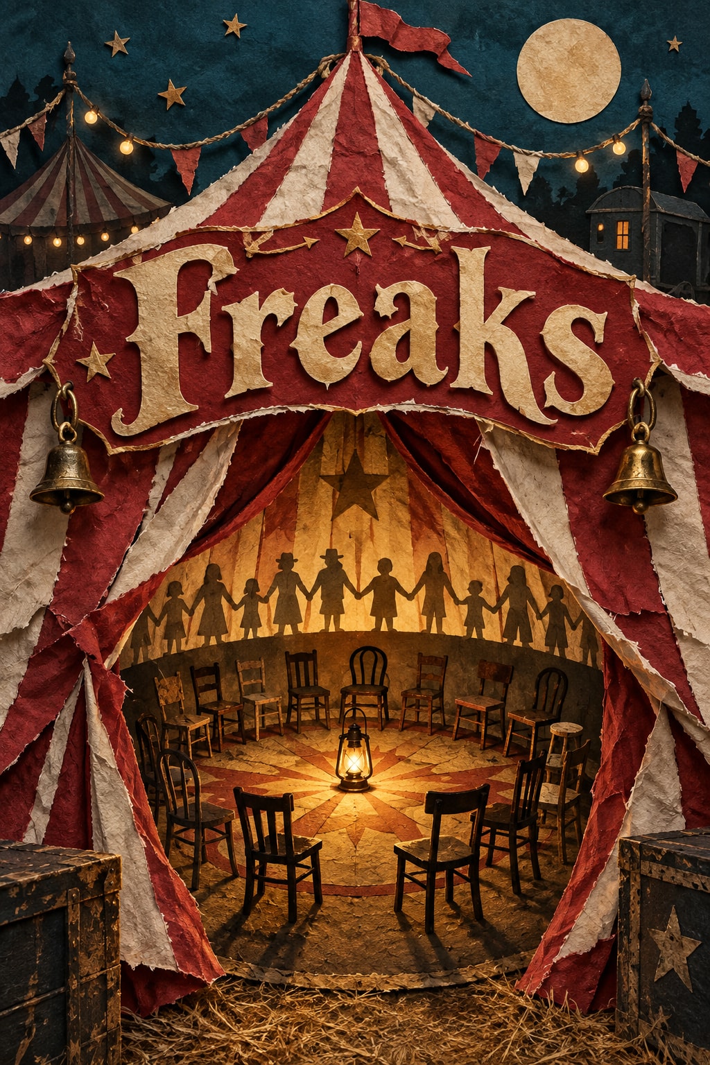 Freaks — A circus tent surrounds a ring of chairs in a handmade paper scene.