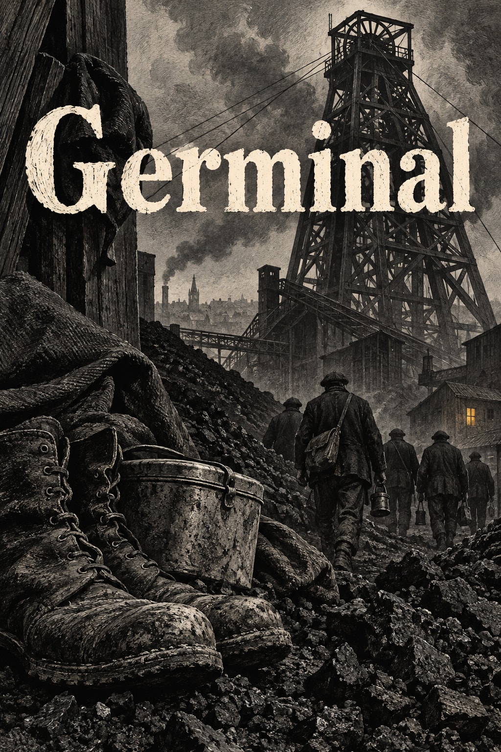 Original illustration: An engraved coal mine with a headframe, miners, worn boots and a lunch tin beneath the title.
