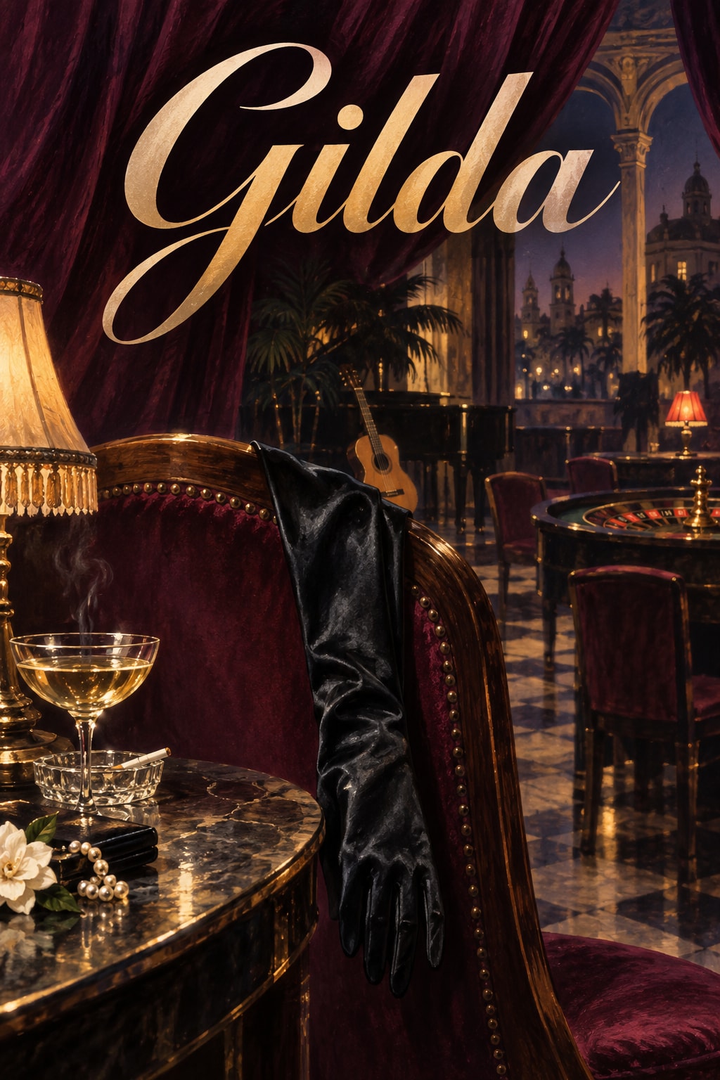 Original illustration: A black evening glove draped over a casino chair, with a guitar, roulette table and burgundy curtains beneath Gilda lettering.