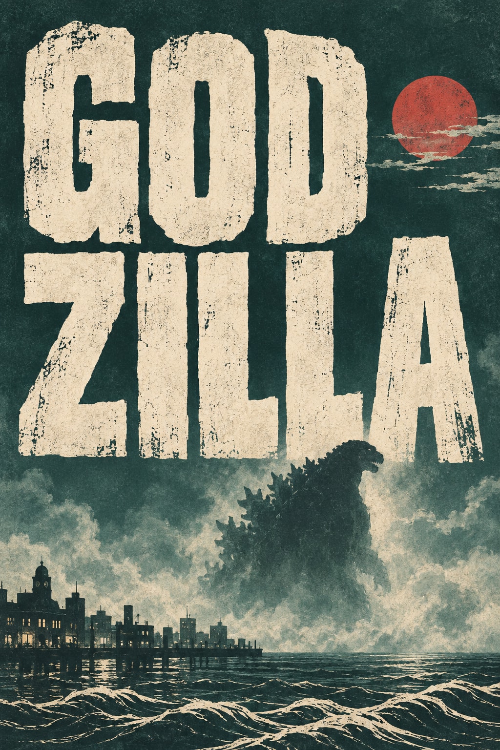 Godzilla — Monumental ivory lettering towers over a dark city, sea and distant creature beneath a red sun.