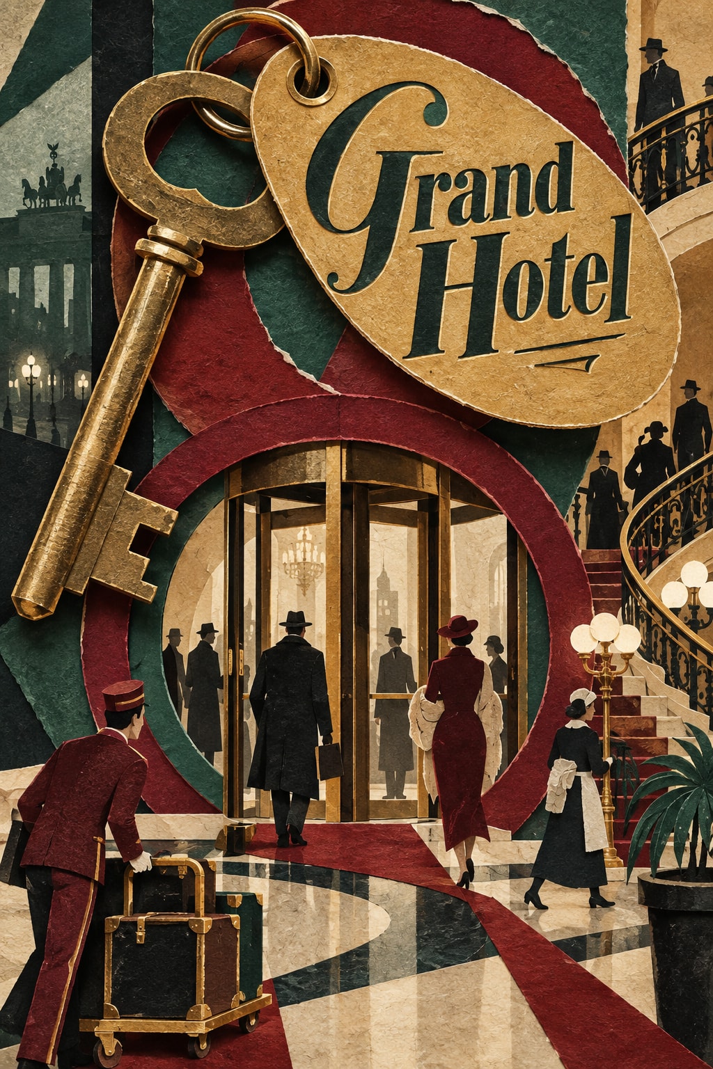 Original illustration: A giant hotel key and tag above layered paper revolving doors, lobby figures and a staircase.