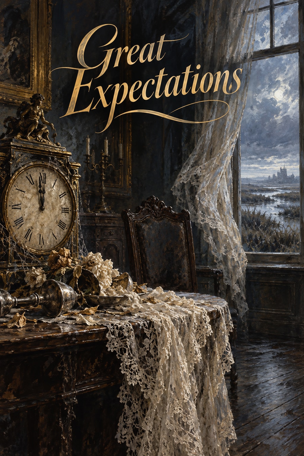 Great Expectations: A stopped clock and decaying banquet sit beside a lace curtain and a cold landscape.