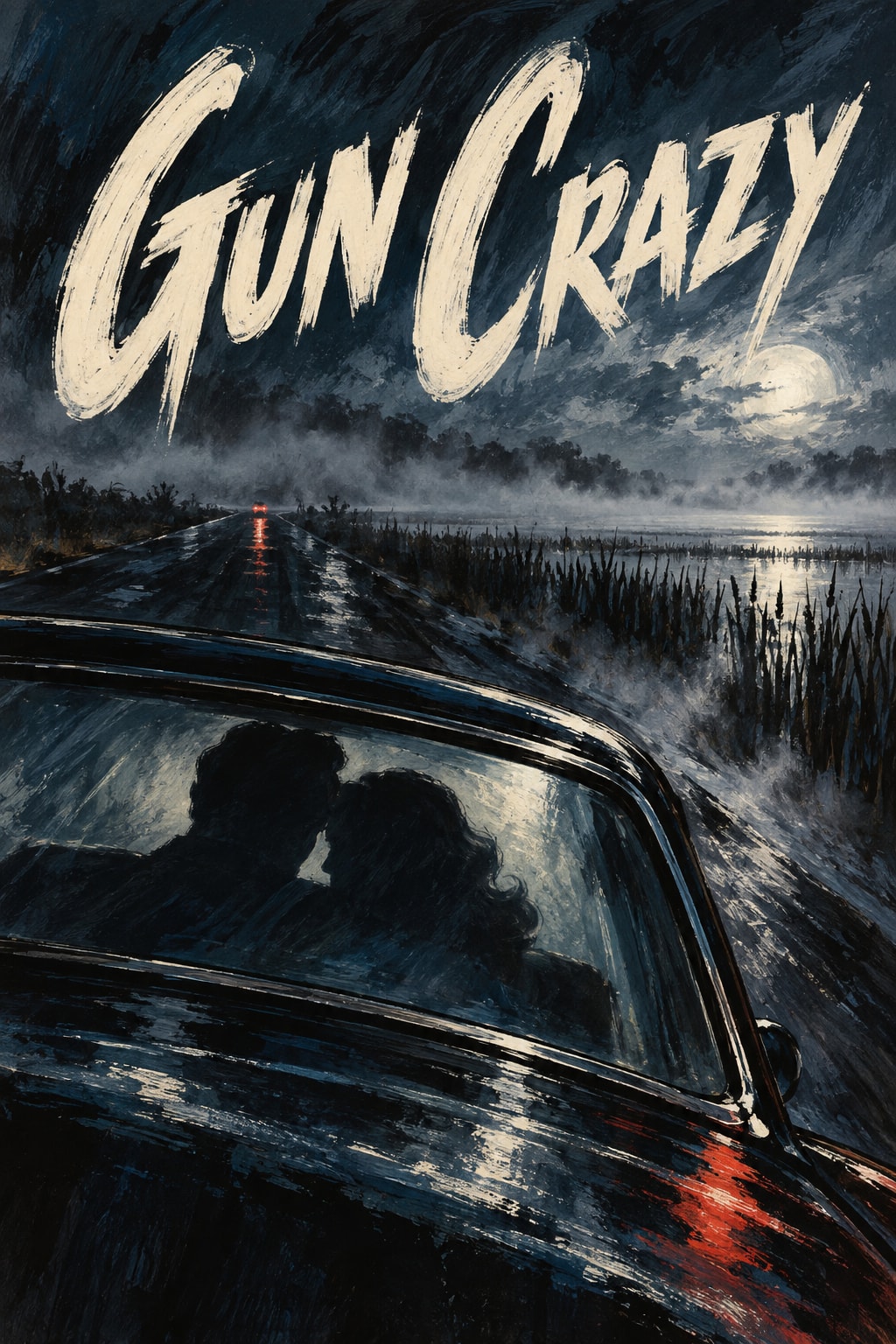 Gun Crazy — A couple, reflected light and a car meet a dark marsh landscape.
