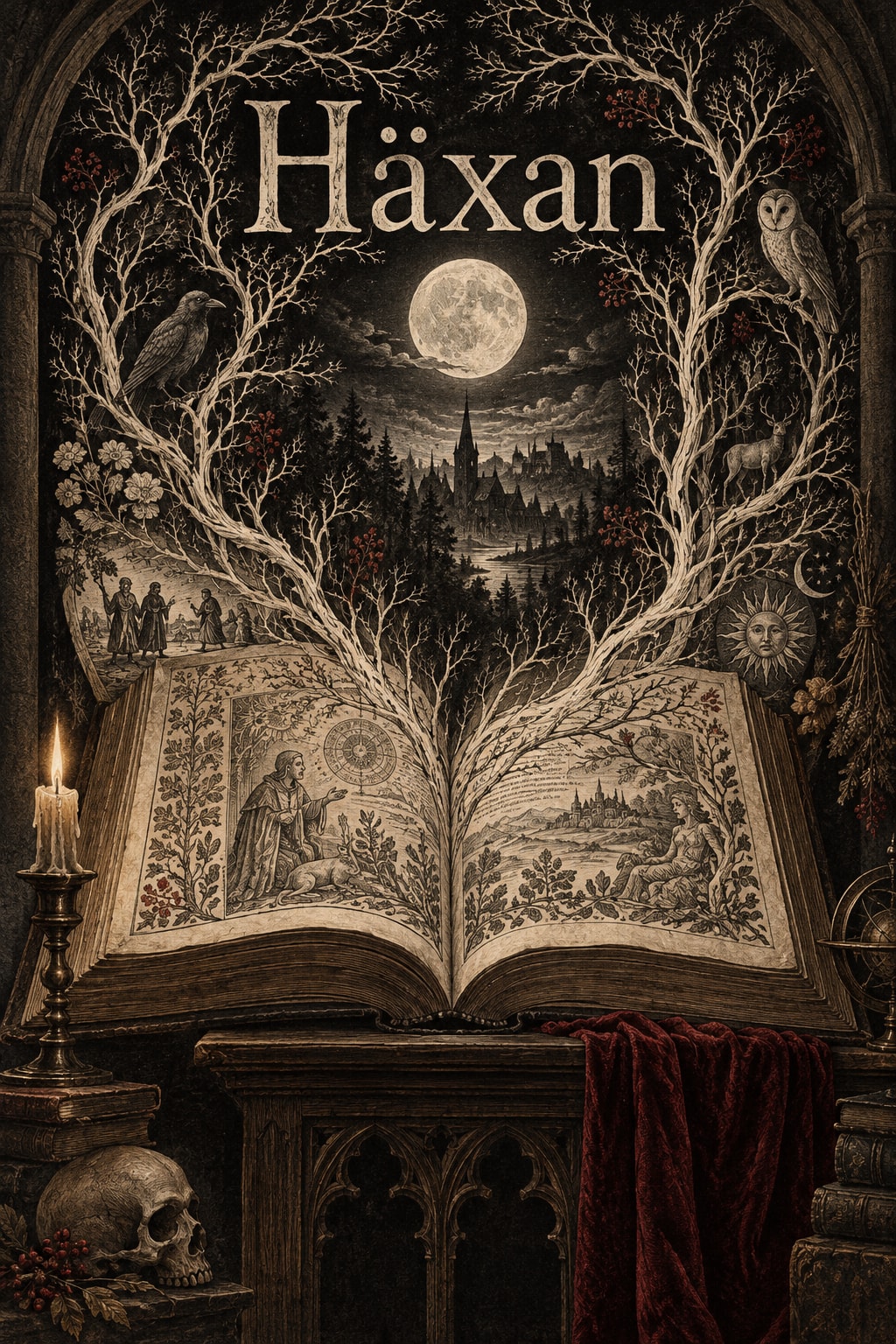 Original illustration for Häxan: An immense open antique book on a lectern, its engraved pages dissolve into a forest of paper-thin shadow branches and a silver moon.