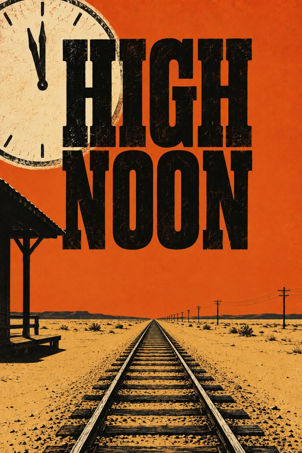 HIGH NOON lettering beside a clock above empty railway tracks under harsh light. Original screenprint-style illustration.
