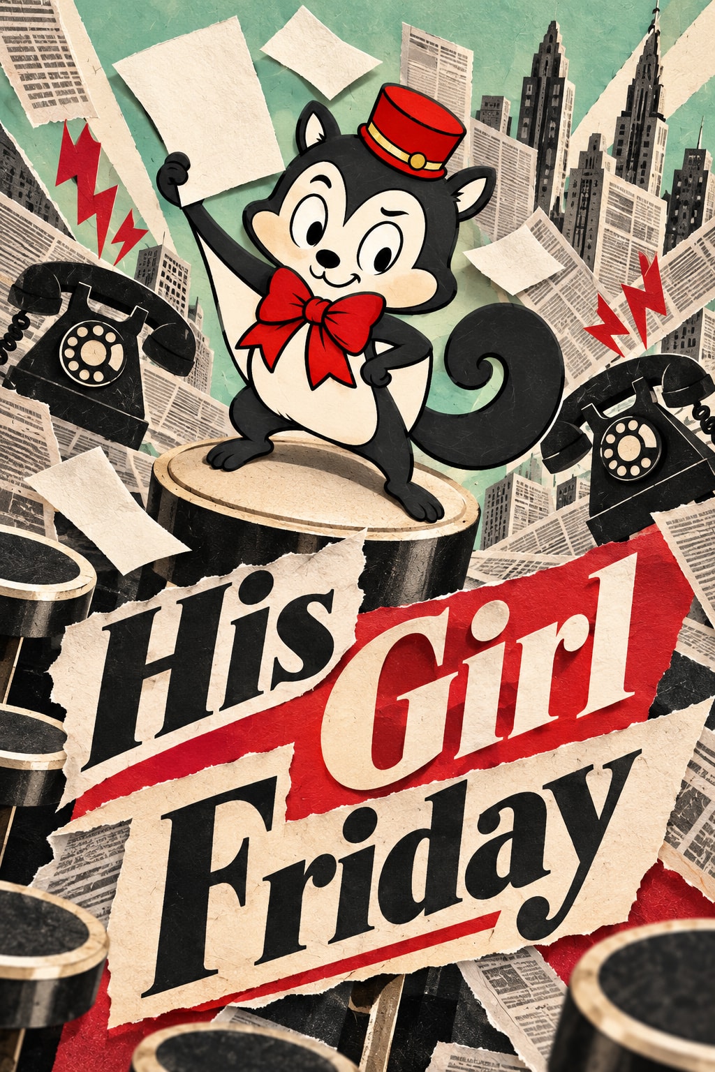 His Girl Friday: Momo raises a sheet of paper amid oversized typewriter keys, telephones and newspaper towers.