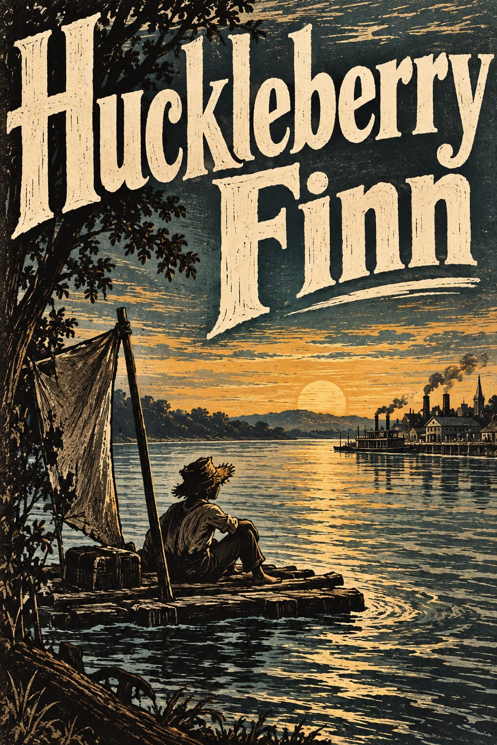 A small raft with two figures drifts along a broad river at sunset.