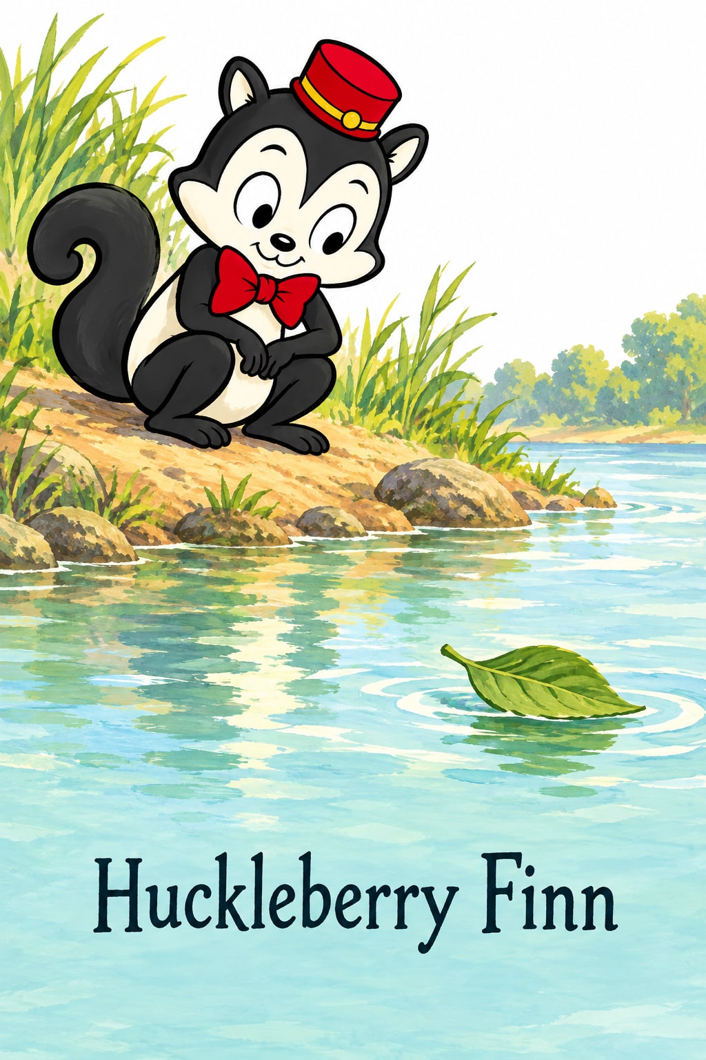 Momo crouches on a grassy riverbank, looking towards a leaf floating on blue water.