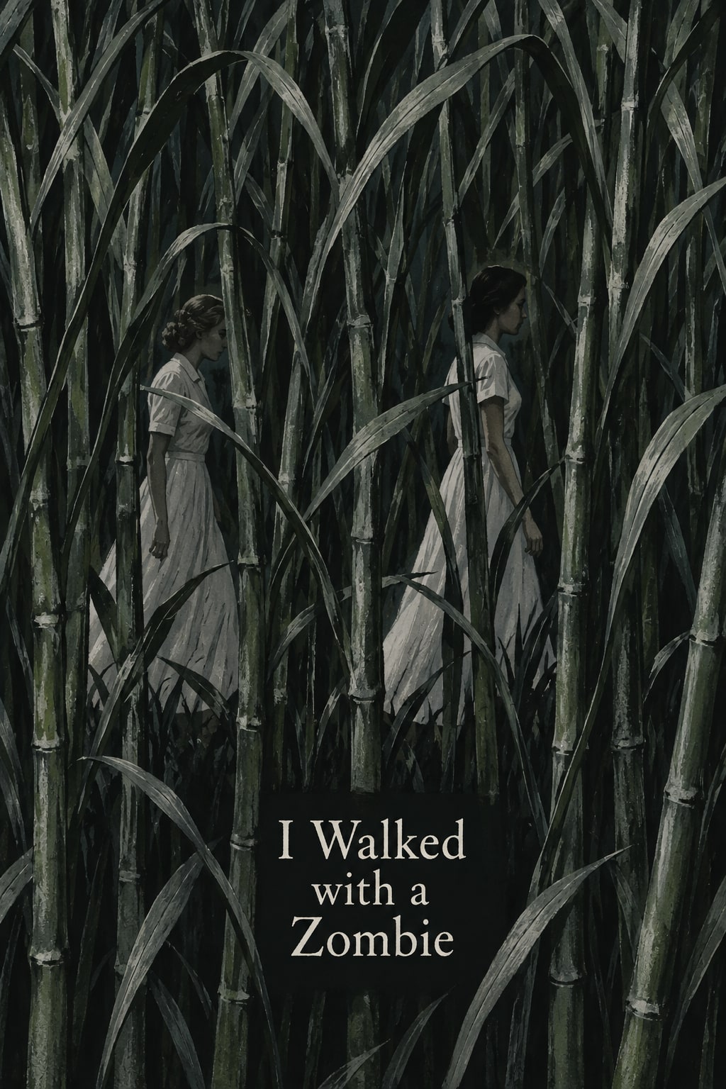 Two pale figures face one another among tall, overlapping cane leaves.
