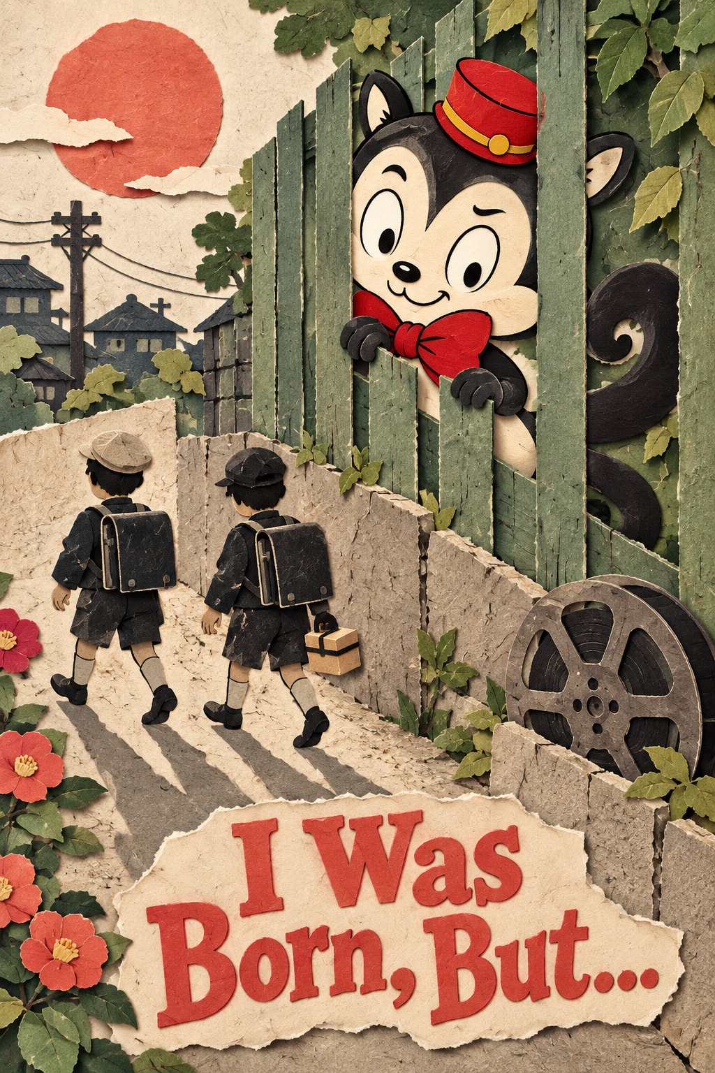 I Was Born, But...: Momo peeks through a green paper fence as two schoolboys walk through a layered neighbourhood.