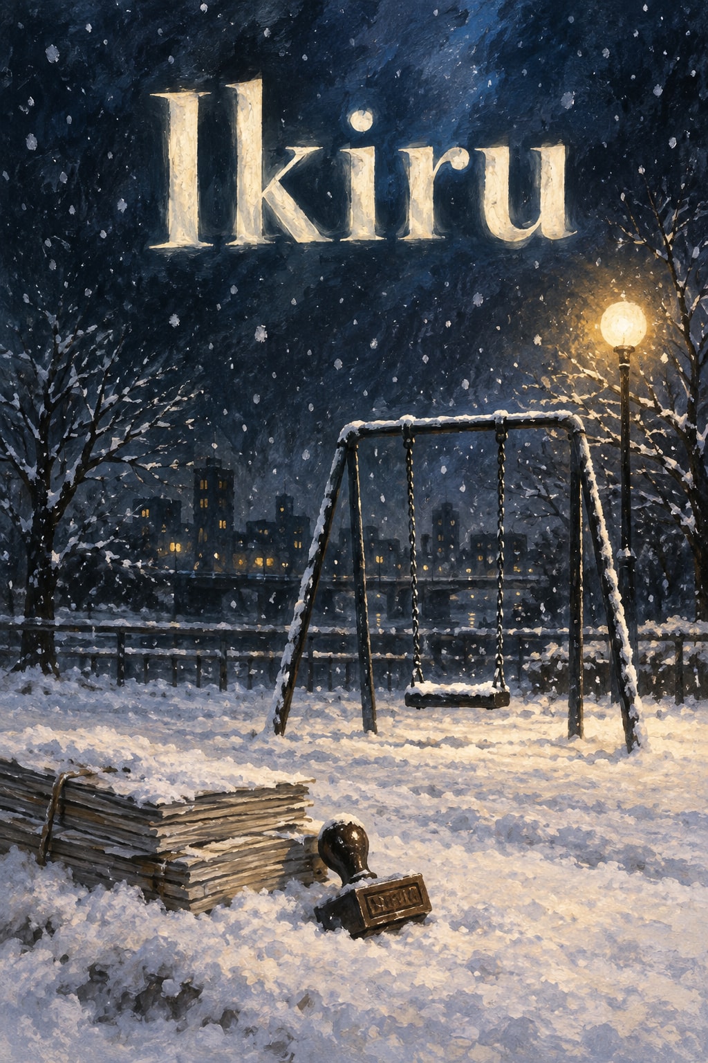 Ikiru: Snow falls around an empty swing, a streetlamp and a stack of official papers.
