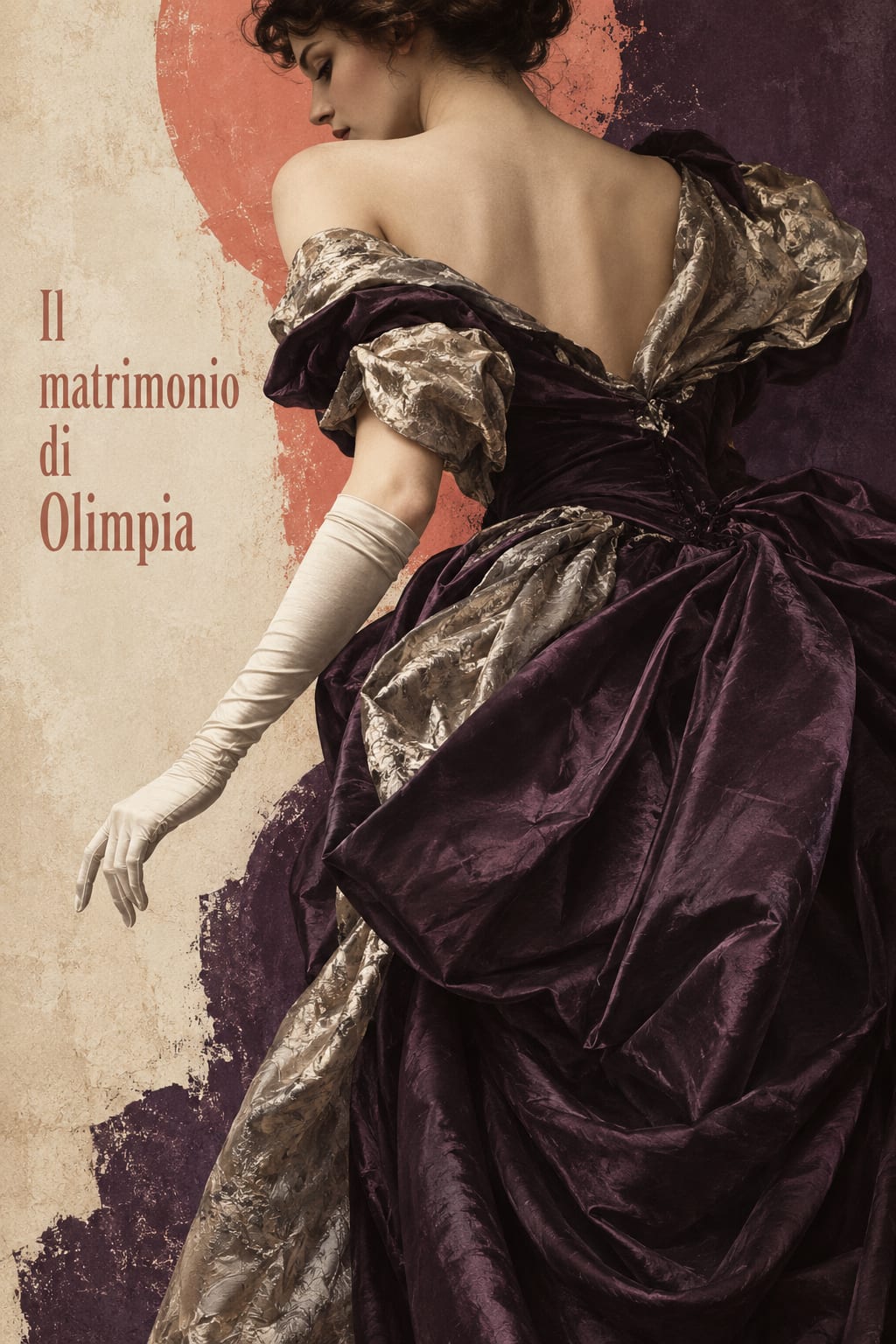 A woman turns her back in a heavy plum silk gown with one pale gloved arm.